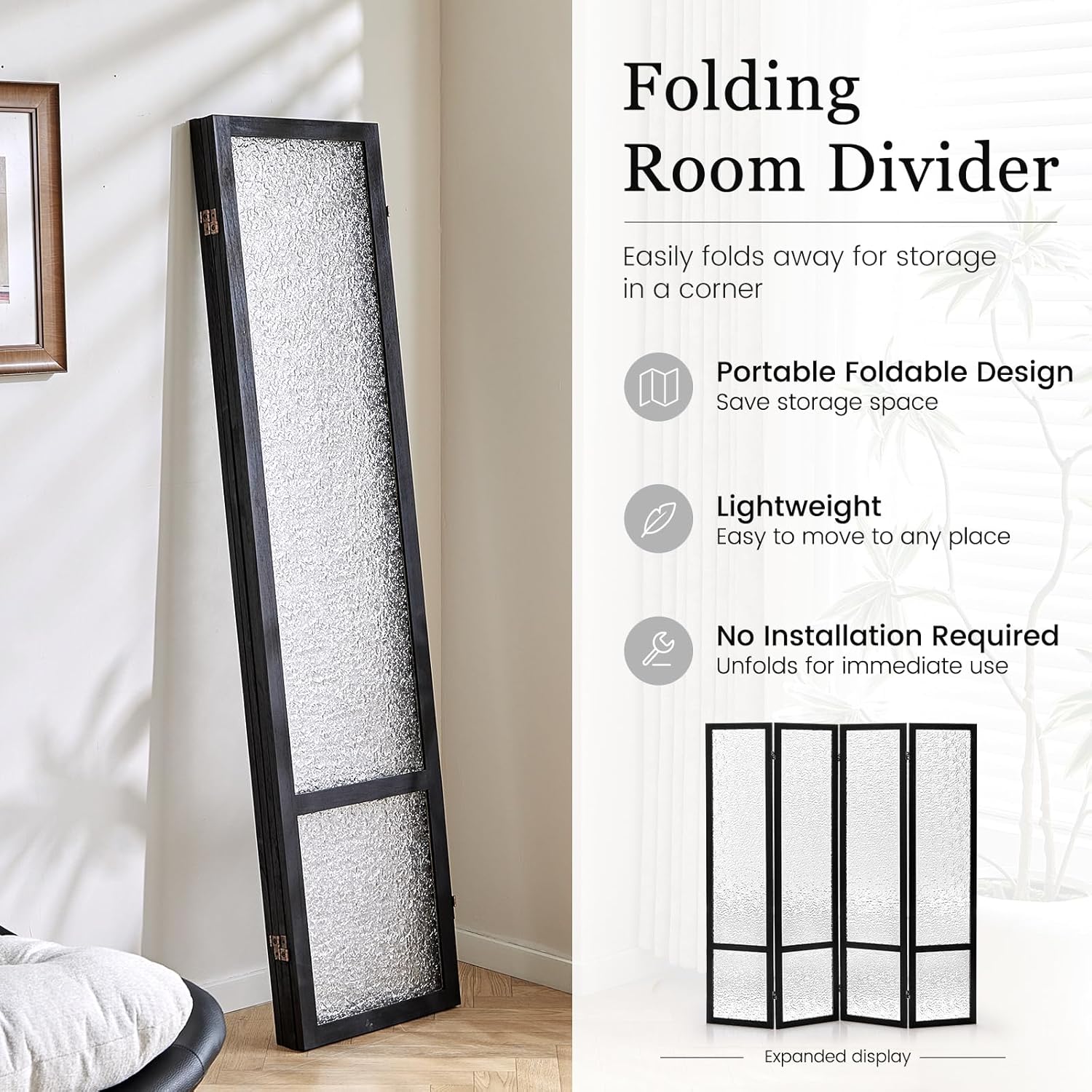 Acrylic Room Divider Panel, 67"x63" Translucent Partition Wall Divider for Room Separation, 4 Panel Freestanding Folding Privacy Screen with Black Wood Frame for Home Office & Loft