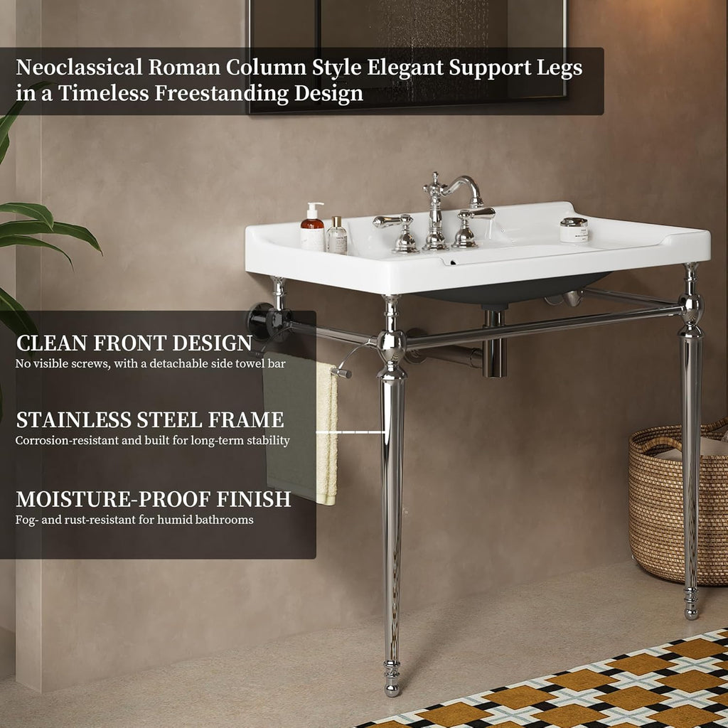Yayzy 36” Bathroom Vanity with White Ceramic Sink, Wall-Mounted Console Style, Silver-Finish Stainless Steel Legs & Towel Bar, 3 Faucet Holes, No Faucet