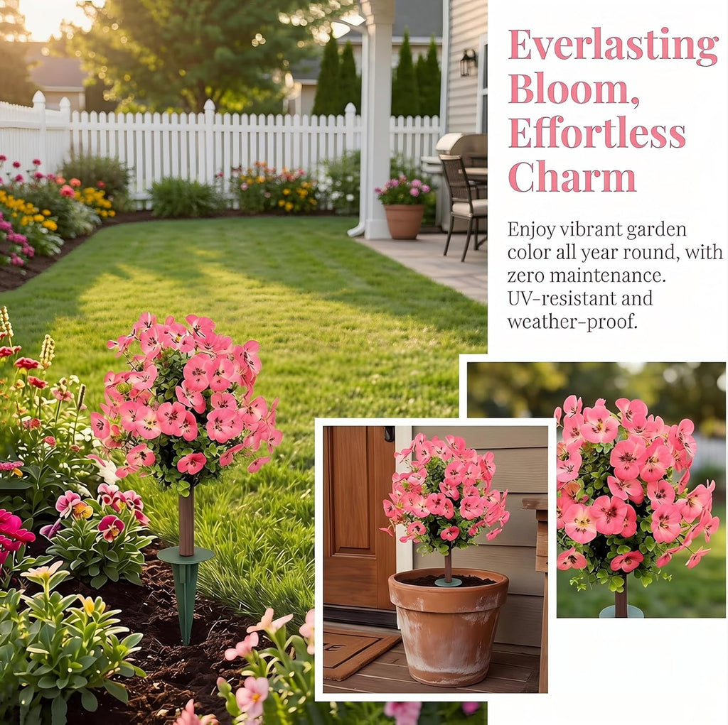 Outdoor Artificial Simulated Trees 2-Piece Set, UV-Resistant Simulated Boxwood Fake Shrubs with Ground Stakes for Outdoor Porch & Garden Decoration (Pink)