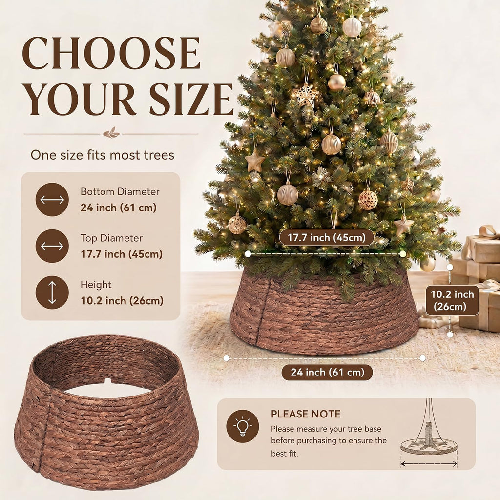 LAQUEDECRAFT 24 Inch Tree Collar Brown, Handwoven Water Hyacinth Christmas Tree Collar for Artificial Trees, Rustic Boho Basket Weave Wicker Tree Collar, Farmhouse Holiday Decor
