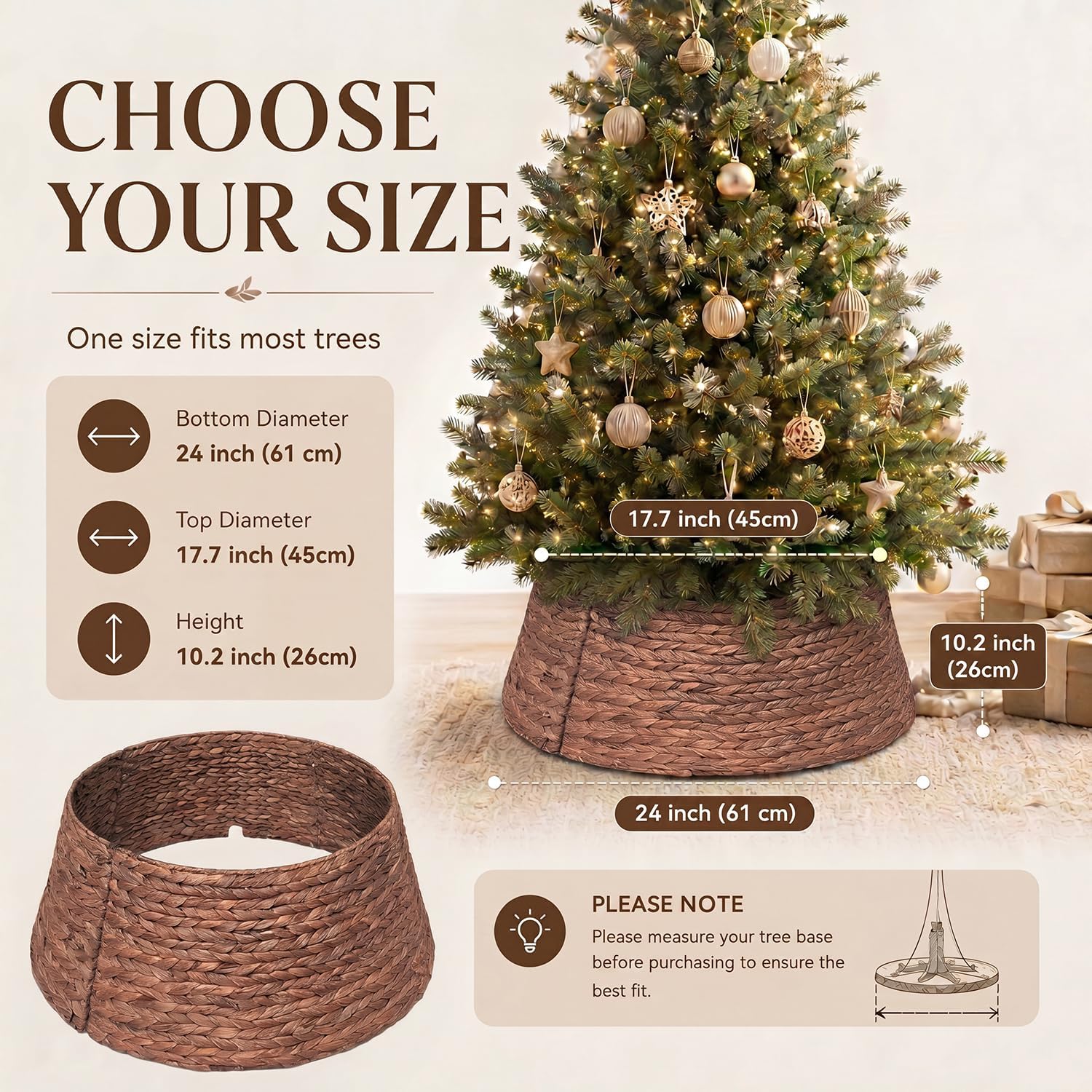 LAQUEDECRAFT 24 Inch Tree Collar Brown, Handwoven Water Hyacinth Christmas Tree Collar for Artificial Trees, Rustic Boho Basket Weave Wicker Tree Collar, Farmhouse Holiday Decor