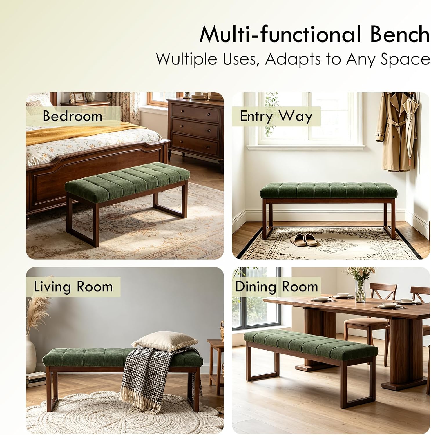 53.2" Upholstered End of Bed Bench, Modern Chenille Fabric Bedroom Bench with Cushion, Padded Dining Bench Entryway Bench with Solid Wood Frame for Bedroom, Living Room, Green