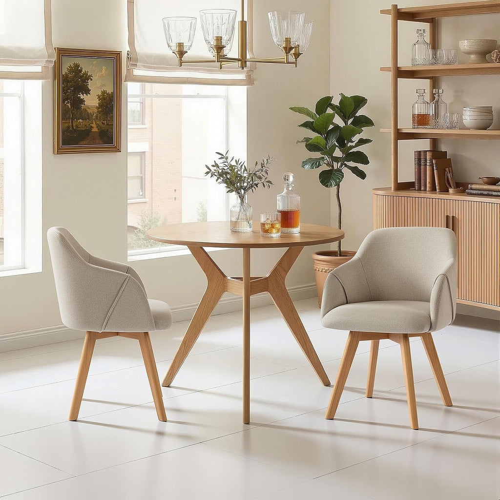 Swivel Dining Chairs Set of 2, Mid Century Modern Dining Chairs with Arms and Wood Legs, Linen Fabric Upholstered Kitchen Chairs for Dining Room Living Room, Comfortable Widen Seat, Sand