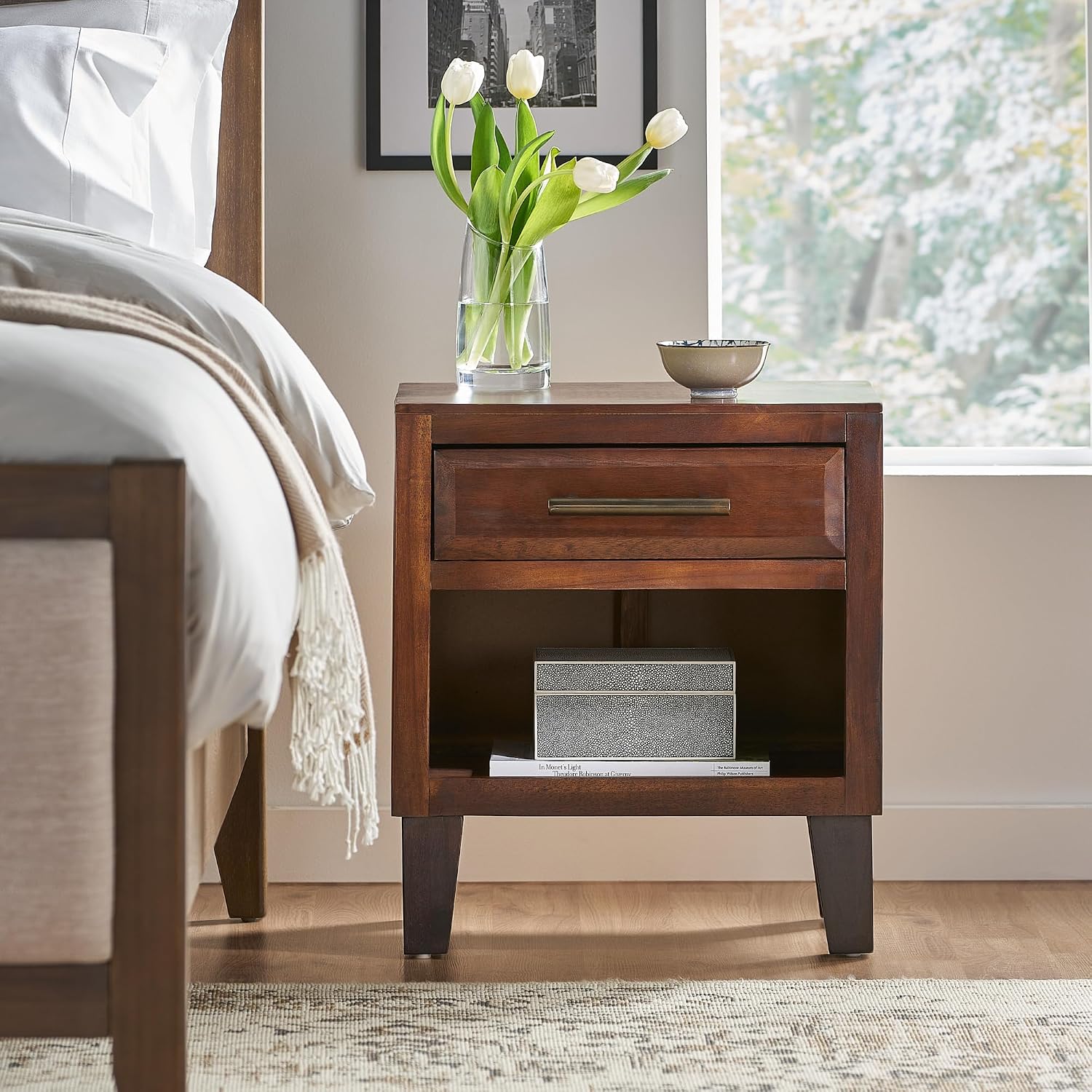roomfitters Industrial Brown Acacia Wood End Table, Luxury 1-Drawer Storage Nightstand with Metal Frame, Contemporary Bedroom Bedside Unit