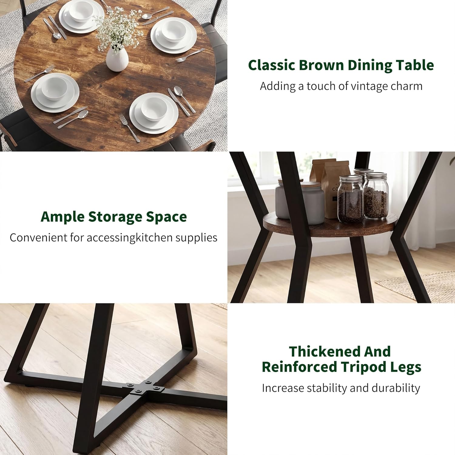 42'' Round Dining Table Set for 4, Space Saving Wood Kitchen Table and Chairs Set for 4 with Faux Leather Chairs, Extra Storage, Vintage Brown