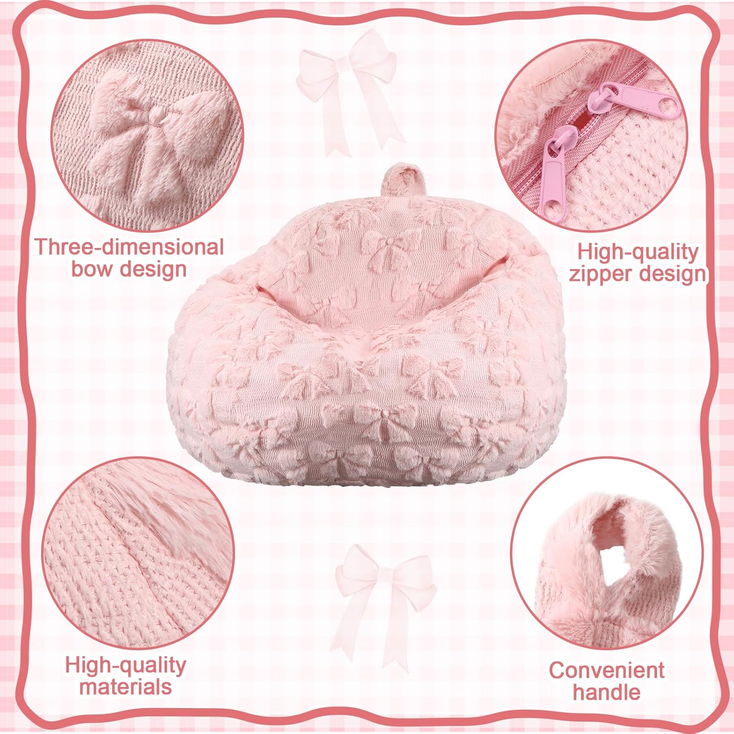 Gilprop Pink Bow Stuffed Animal Storage Bean Bag Chair Cover (No Filler) Fluffy Fuzzy Plush Bean Bag Chair for Teens Adults Soft Faux Cover for Organizing Plush Toys Clothes Home Supplies