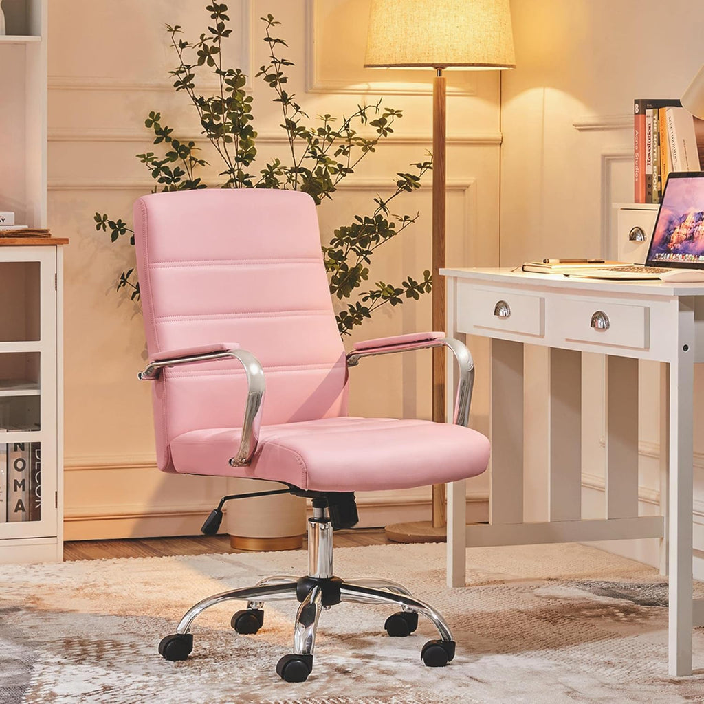 costoffs Mid Back Office Desk Chairs PU Leather Executive Task Chairs Height Adjustable Swivel Chair with Lumbar Support, Pink