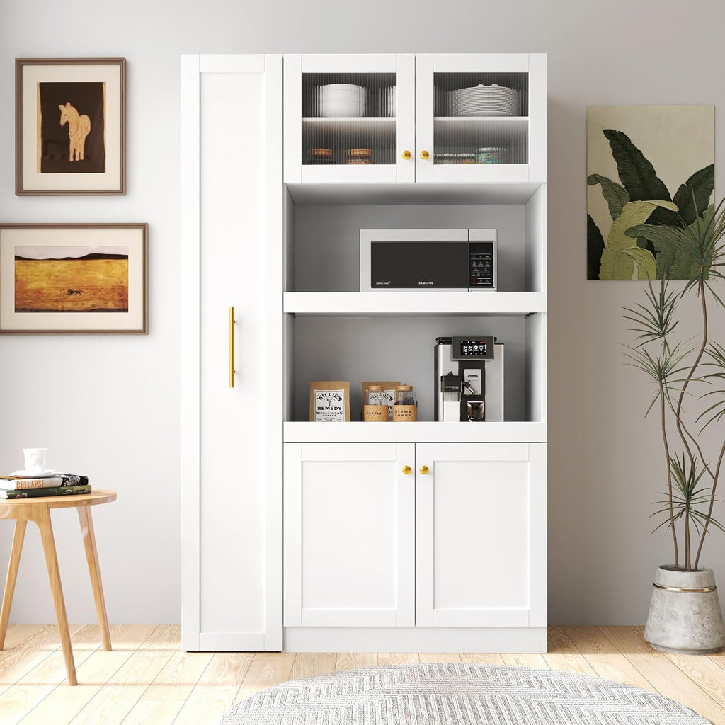 Kitchen Pantry Cabinet with Multi-Tier Pull-Out Shelf, Farmhouse Storage Cabinet with 4 Doors, Expandable Pull-Out Organizers, Freestanding Pantry Hutch for Kitchen Dining Room Living Room
