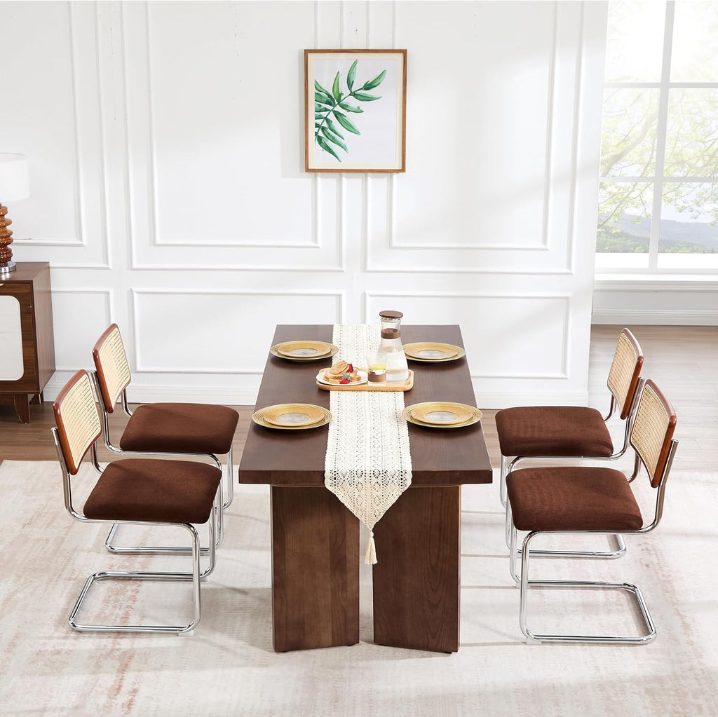 Zesthouse Rattan Dining Chairs Set of 4, Mid Century Modern Dining Room Chairs with Natural Cane Mesh & Chrome Base, Brown Cesca Chair Chenille Fabric, Farmhouse Kitchen Chair with Solid Wood Back