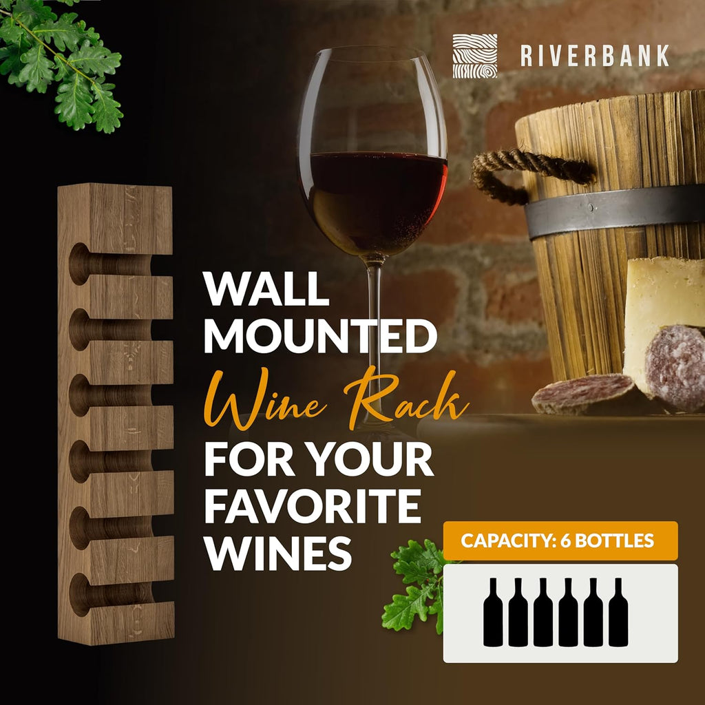 Riverbank Dark Oak Wine Rack, Elegant 6-Bottle Holder, Made of Solid Wood, Wall Mounted Wooden Wine Stand, Stylish & Luxurious Home Décor (Dark Oak, 6-Bottles)