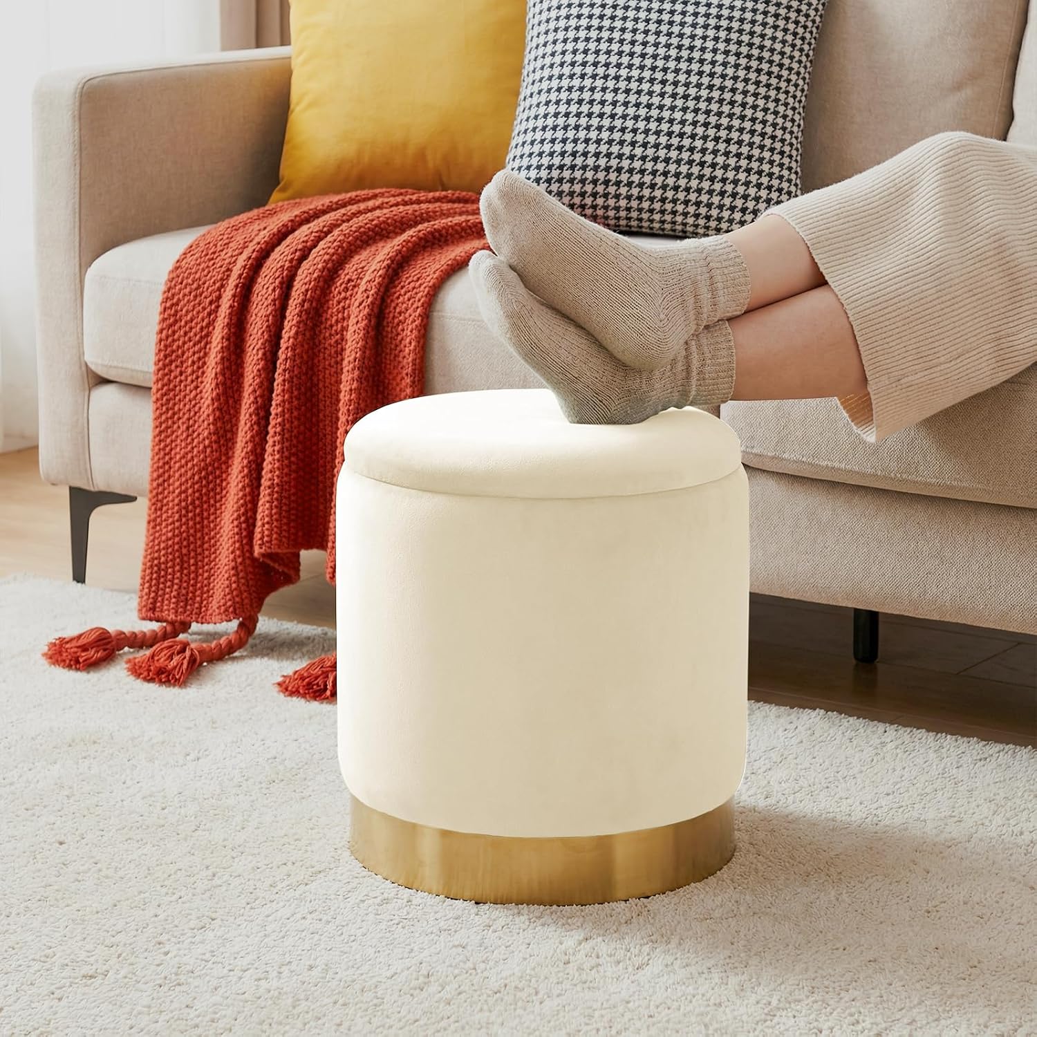 Round Ottoman with Storage Set of 2, Vanity Foot Stool with Storage, Nesting Upholstered Small Ottoman Foot Rest with Gold Plating Base for Room, Bedroom, Dorm, White Velvet Ottomans