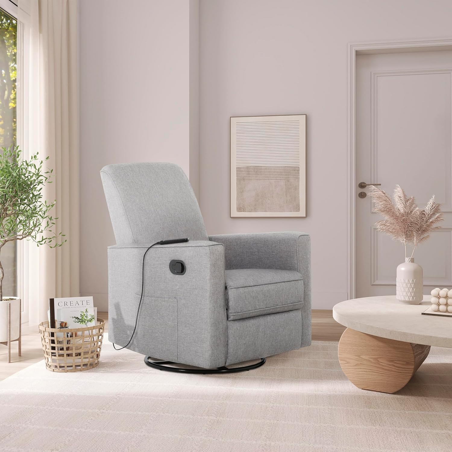 Evolur Raleigh Glider with Massager in Charcoal, Upholstered Plush Seating 360° Swivel Glider Rocking Chair, FSC Certified, Greenguard Gold & JPMA Certified Nursery Glider Recliner