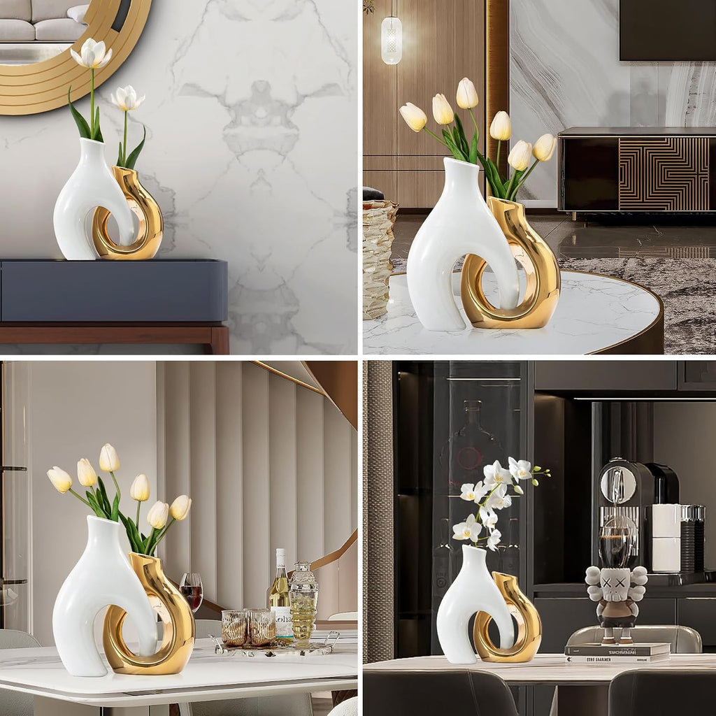 White and Gold Vases, Set of 2 vases Flowers, Pretty Vase Home Decor Boho, Hollow Modern Ceramic vase for Centerpieces (8.46" H & 6.5" H)
