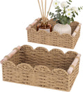 iEGrow Paper Rope Small Storage Baskets for Organizing, Set of 2 Scalloped Edge Wicker Basket with Wooden Handles Toilet Paper Basket for Over Toilet Storage Shelf, Home Decor, Living Room (Neutral)