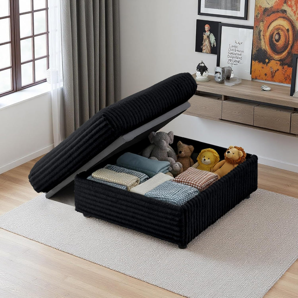35.3" Corduroy Ottoman with Storage Oversized Ottoman for Modular Sectional Couches Foot Rest Stool with Hidden Compartment for Living Room, Apartment (Black, 35.3")
