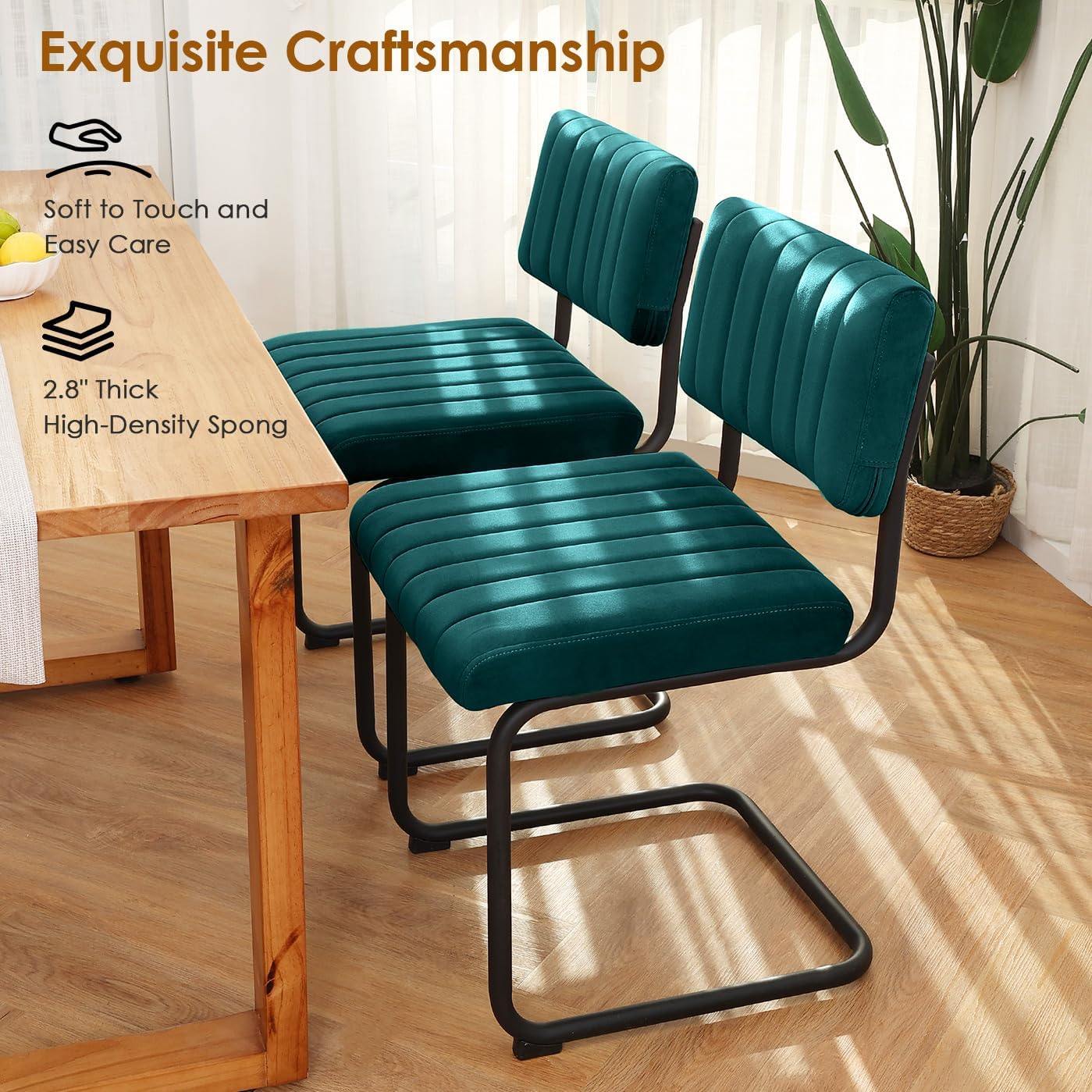 ONEVOG Modern Luxury Dining Room Chairs Set of 2, Teal Velvet Upholstered Kitchen Chairs, Heavy Duty Contemporary Armless Dining Chair with Comfy Seat & Black Metal Legs, Cantilevered Design