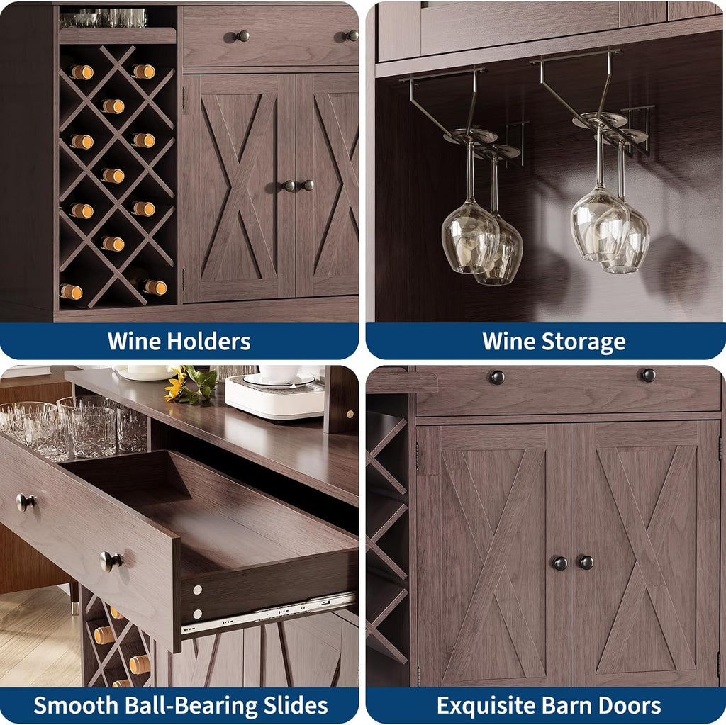 72" Tall Kitchen Pantry Cabinet with Power Outlet & Wine Rack - Farmhouse Sliding Barn Door Coffee Bar Cabinet with Storage Drawers & Adjustable Shelves, Sideboard Buffet for Dining Room, Home Bar