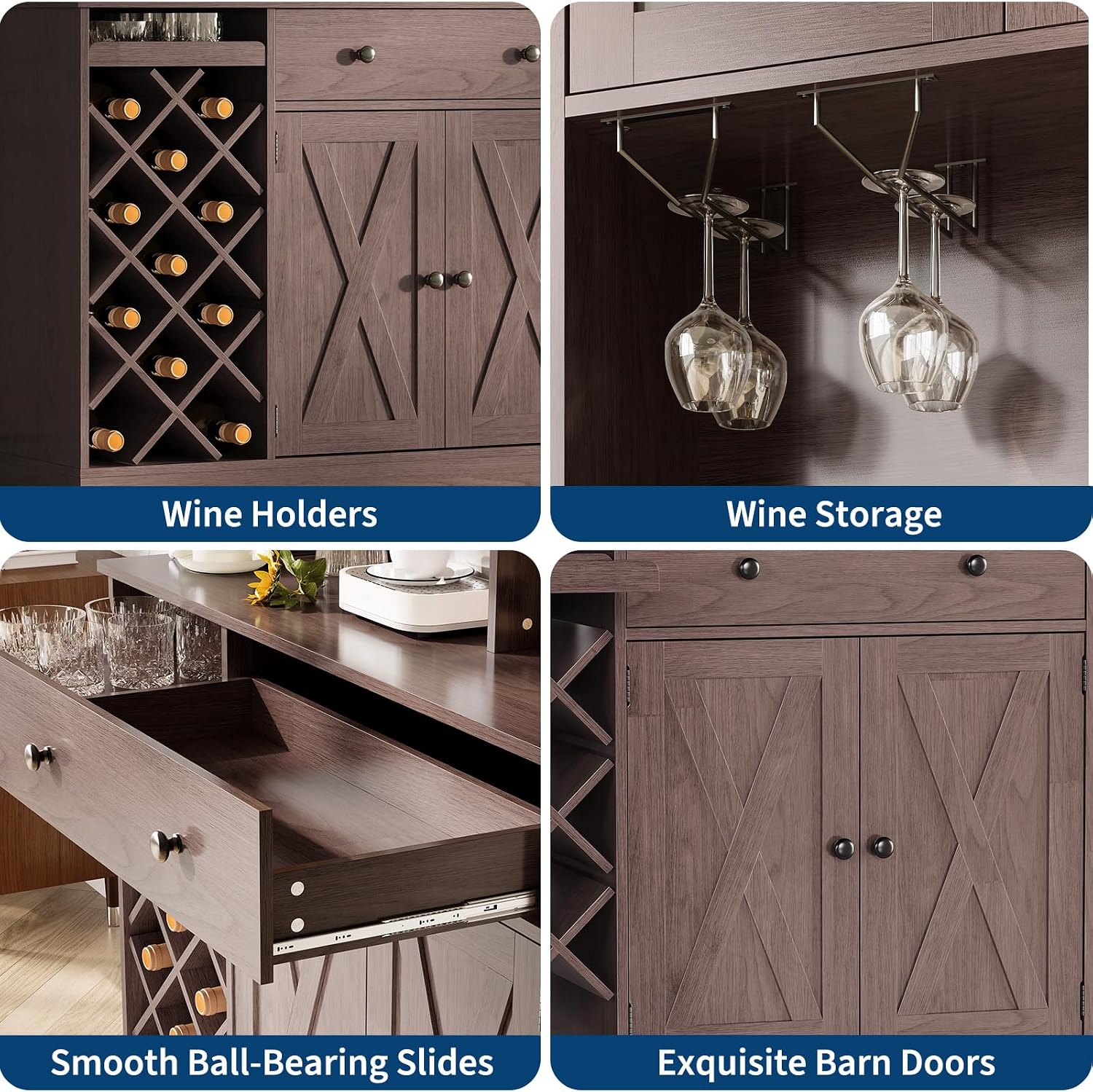 72" Tall Kitchen Pantry Cabinet with Power Outlet & Wine Rack - Farmhouse Sliding Barn Door Coffee Bar Cabinet with Storage Drawers & Adjustable Shelves, Sideboard Buffet for Dining Room, Home Bar