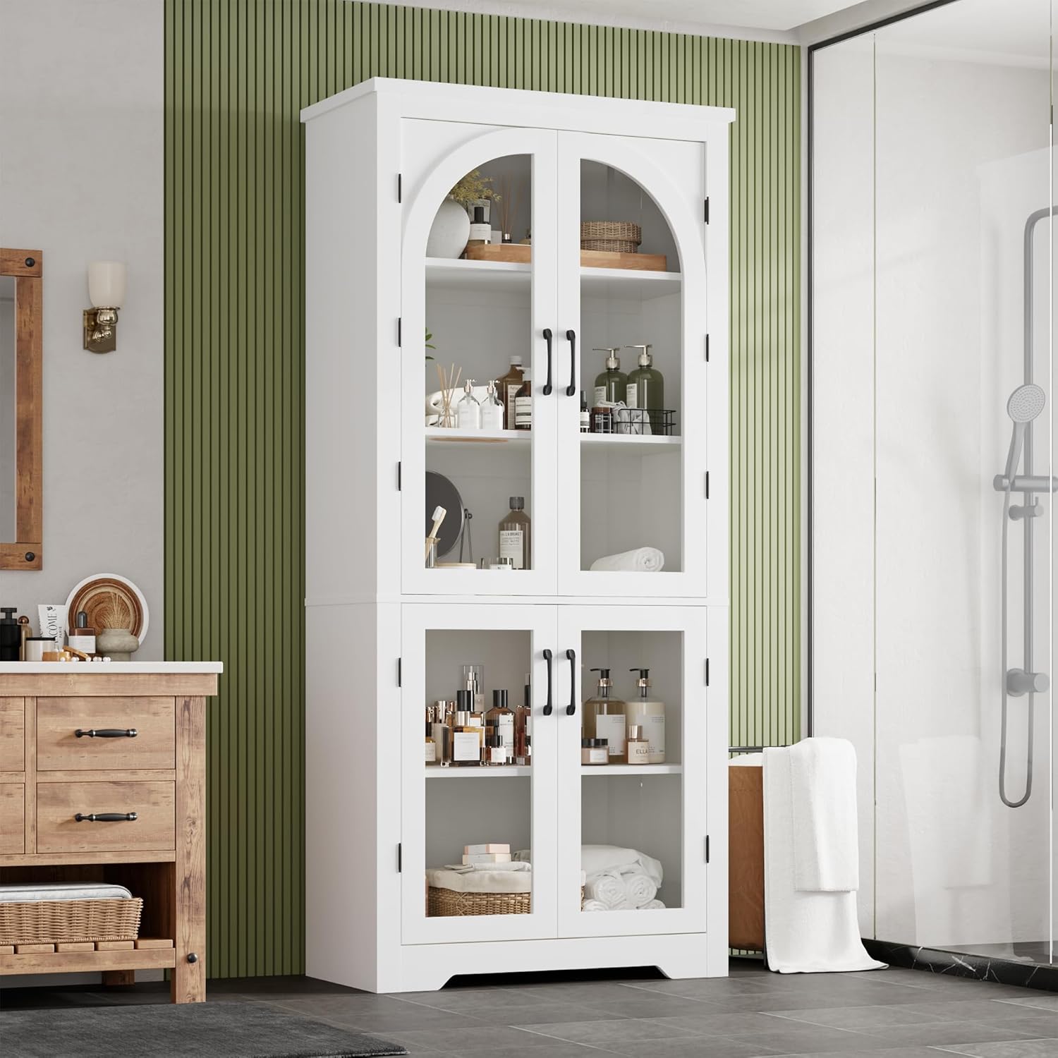 Garvee 70" Tall Kitchen Pantry Cabinet - Modern Display Cabinet with 4 Arched Glass Doors and Adjustable Shelves, Versatile Cupboard Organizers for Kitchen, Dining Room, Living Room, Bathroom, White