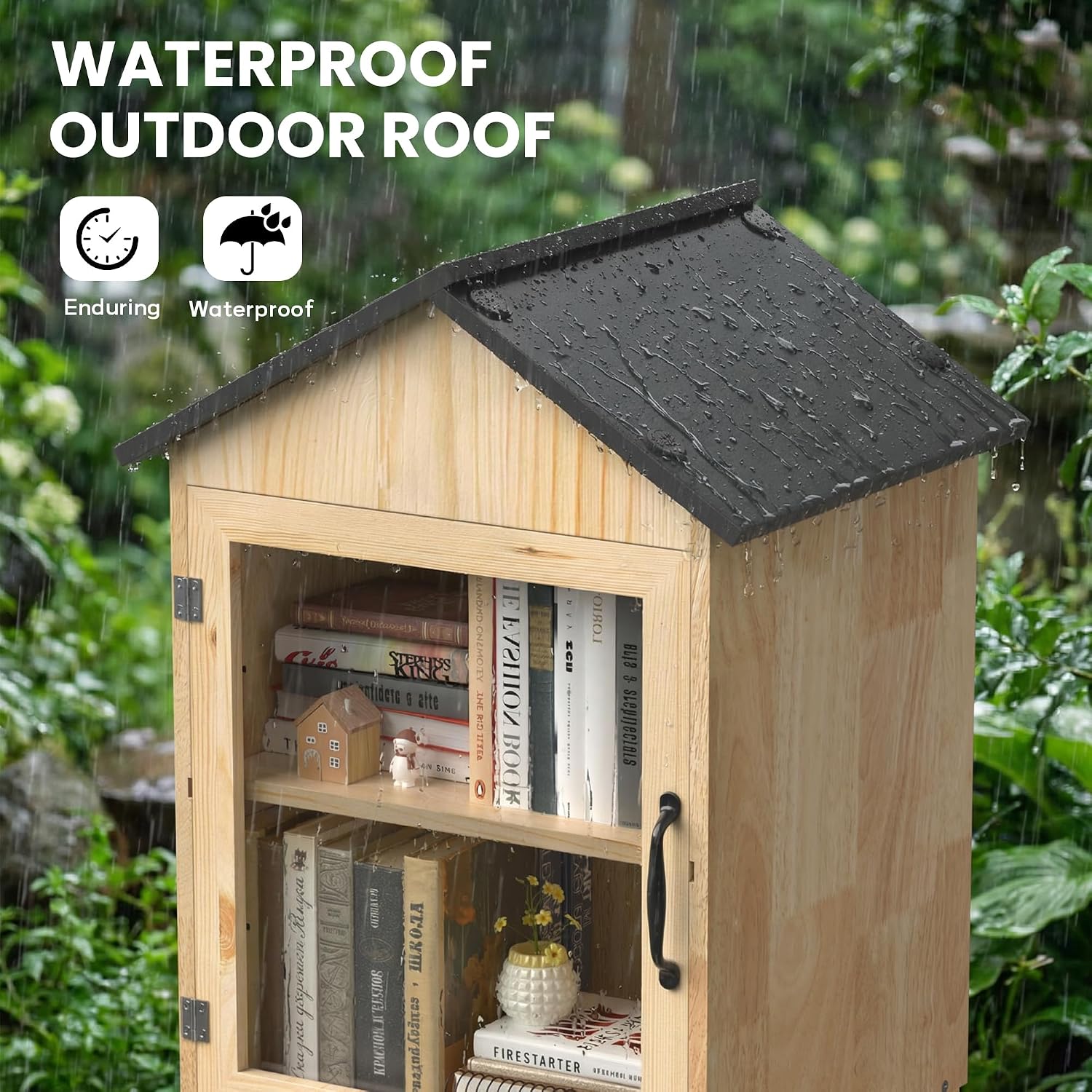 DTK Little Free Library Kit with Planter & Dual Benches,Outdoor Library Box with Clear Door & Waterproof Roof,DIY Paintable Lending Library,L-Shaped or Side Seating for Yard Garden Community