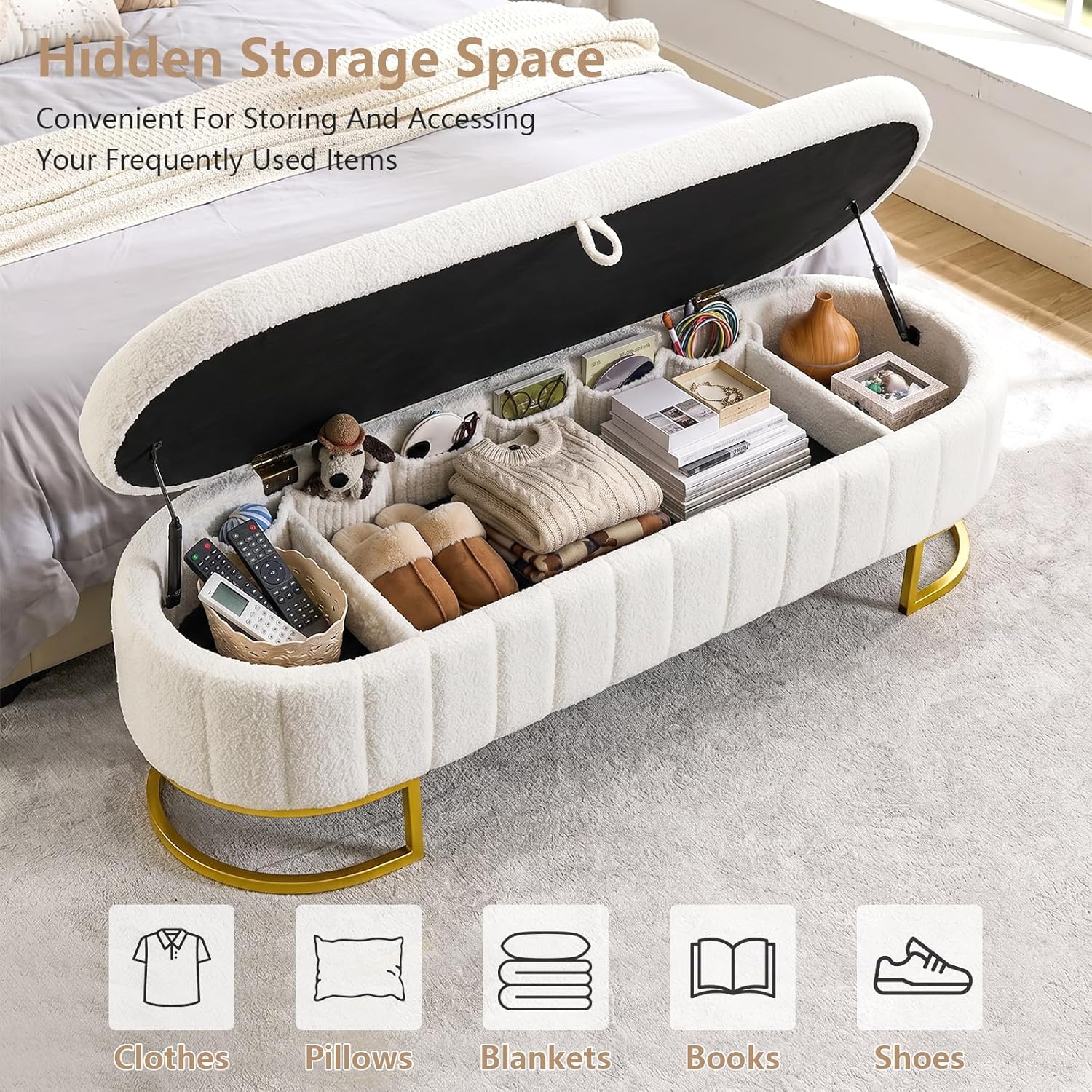 65" Curved Storage Ottoman Bench for Bedroom, Upholstered End of Bed Bench for King Size Bed, Oval Storage Bench with Gold Metal Legs, Bedroom Bench for Living Room Entryway, Beige Boucle