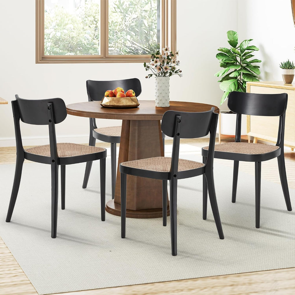 AVAWING Black Wood Dining Chairs Set of 4, Farmhouse Dining Chairs with Cane Seat and Curved Back for Kitchen & Dining Room