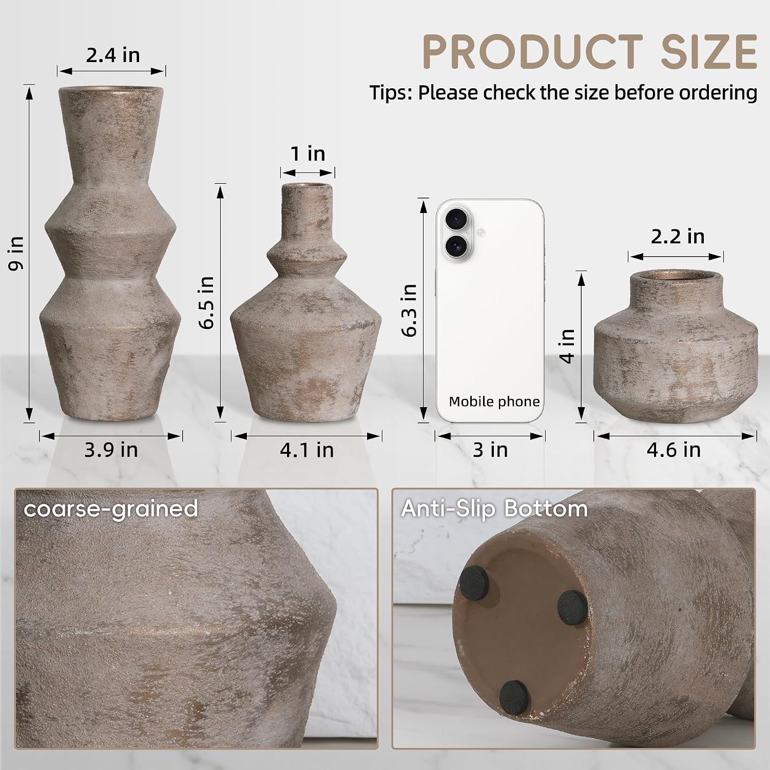 DREAMLOOM Ceramic Vase Set of 3, Modern Rustic Flower Vases for Pampas Grass, Dried & Fresh Flowers, Farmhouse Home Decor Vase for Living Room Bedroom Kitchen Shelf Centerpiece, Classic