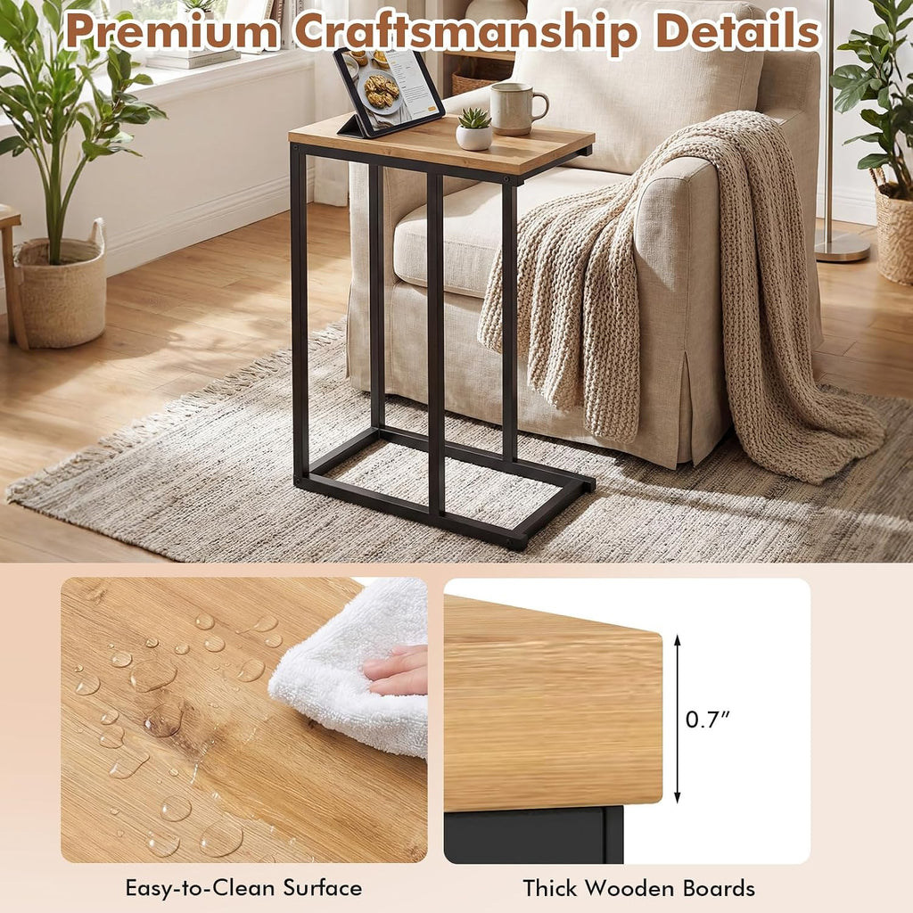 Giantex C-Shaped End Table, Set of 2 Small Sofa Couch Side Table that Slide Under with Metal Frame & Spacious Tabletop, Bedside Laptop TV Tray for Living Room Bedroom Small Spaces (Natural)