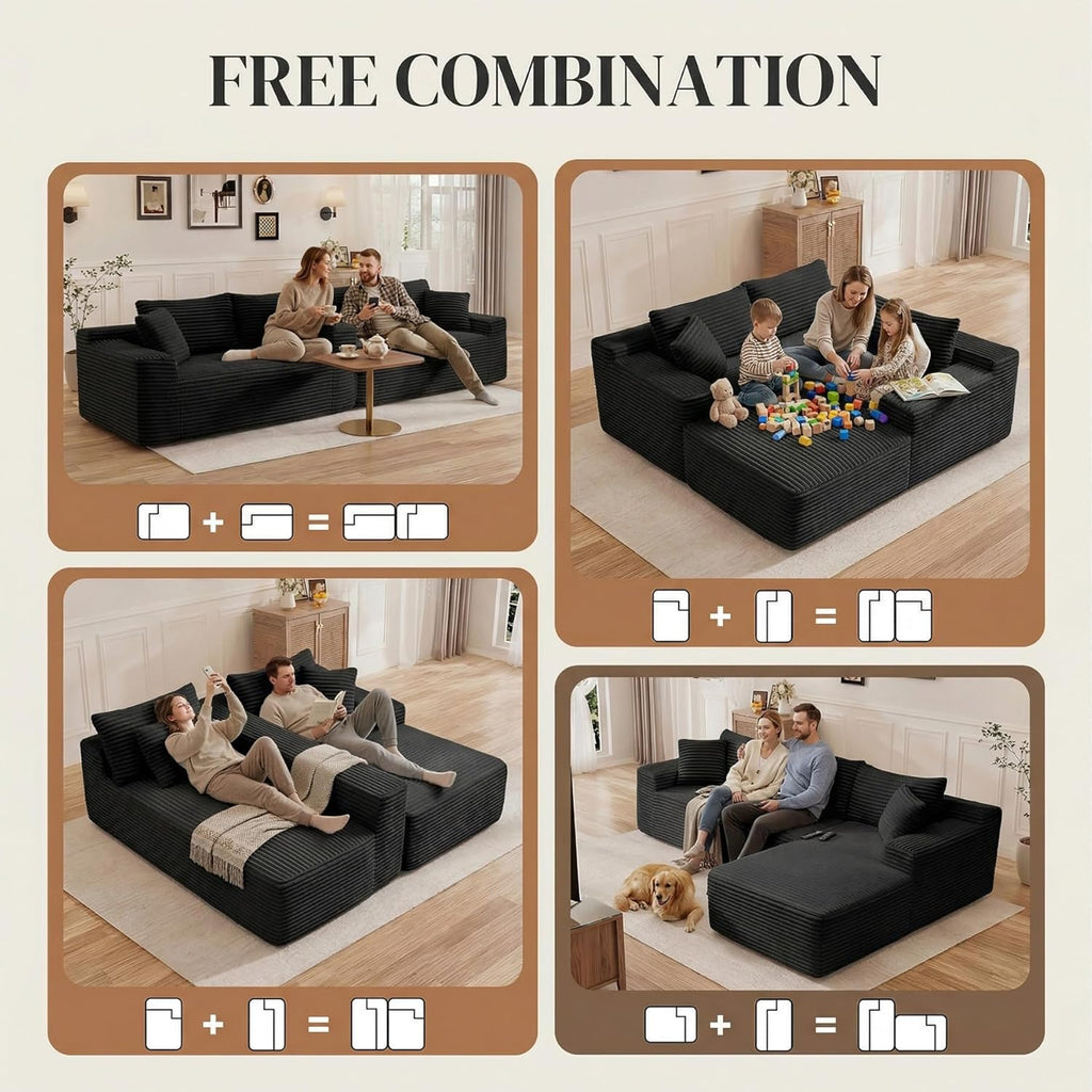 95" L Shaped Cloud Boneless Sectional Couches for Living Room, Modern Comfy Modular Deep Seat Memory Foam Compressed Corduroy Sofa Oversized Right Facing Chaise, No Assembly Required, Balck