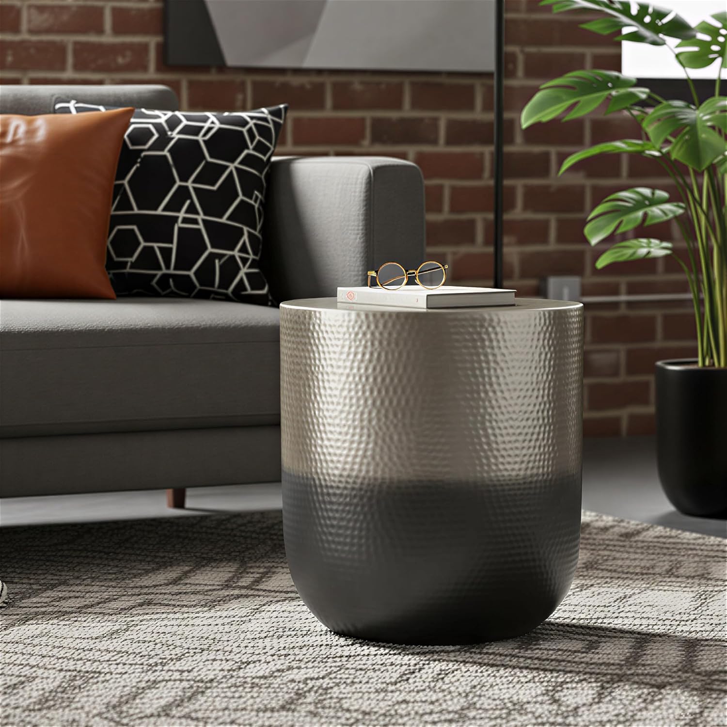 SIMPLIHOME Nova Metal Table - 19 inch Wide Solid Iron Drum Accent Table in Smoke Grey Ombre, Boho Sculptural End Table for Living Room with Hand-Hammered Design and Metallic Finish, Assembled