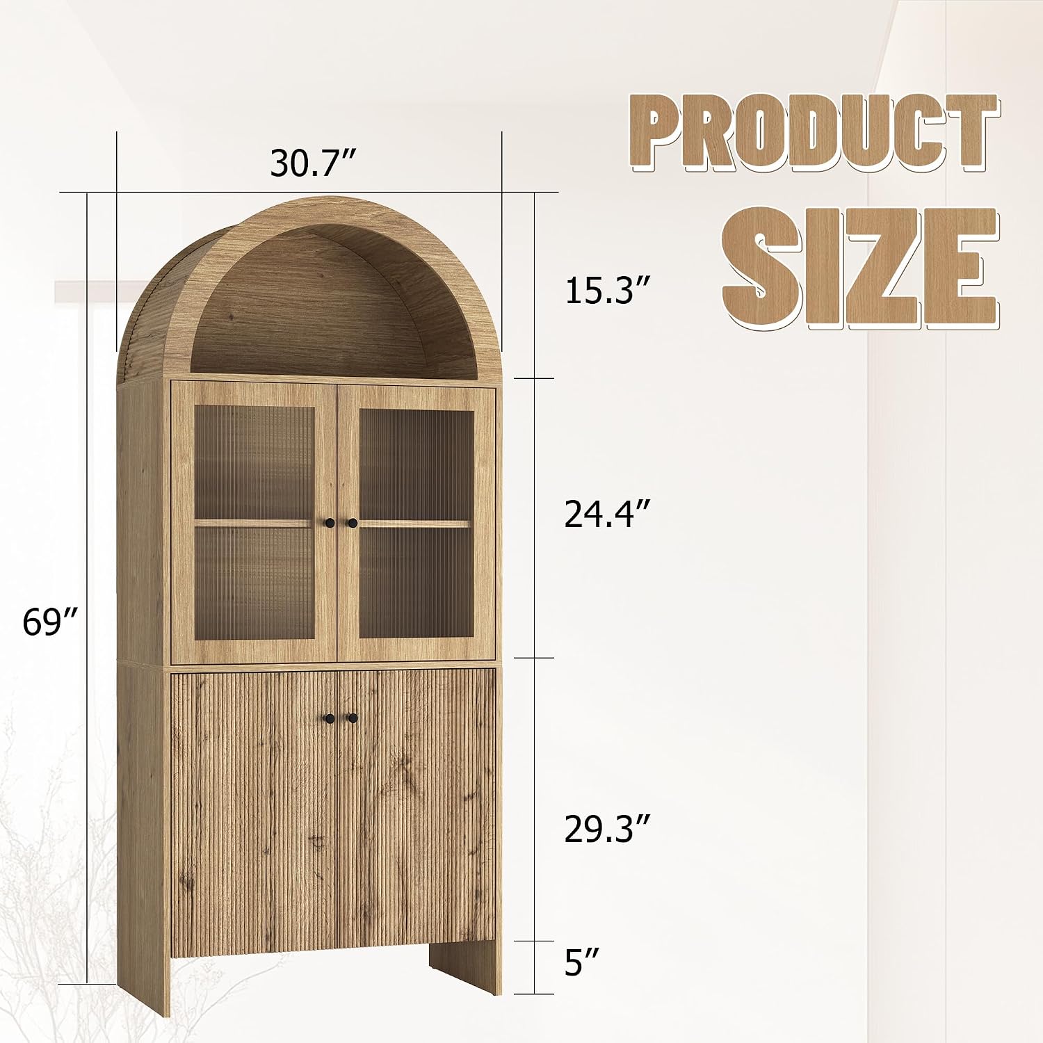 LED Tall Arched Top Food Cabinet, Fluted Kitchen Pantry with Adjustable RGB Lighting, 69" Tall Freestanding Wood Kitchen Storage with Adjustable Shelves, Modern Nordic Style Storage Organizer (Wood)