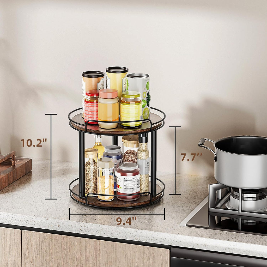 LAMU 9'' Wood Lazy Susan Turntable Organizer for Cabinet, 2 Tier Lazy Susan Spice Rack Organizer for Kitchen, Table Top, Countertop, Pantry, Medicine Organizer