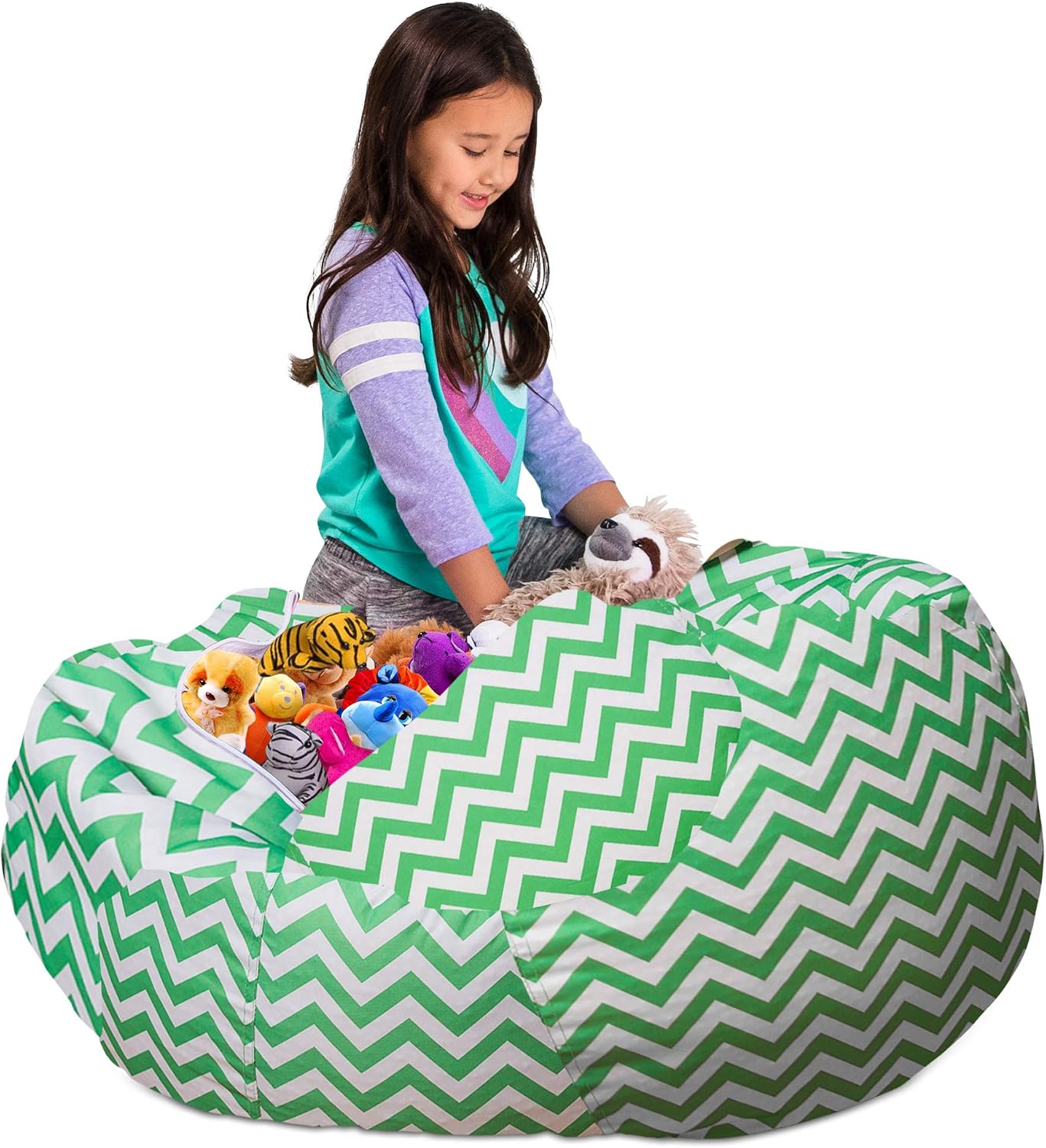 Posh Stuffable Kids Stuffed Animal Storage Bean Bag Chair Cover - Childrens Toy Organizer, X-Large 48" - Pattern Chevron Green and White