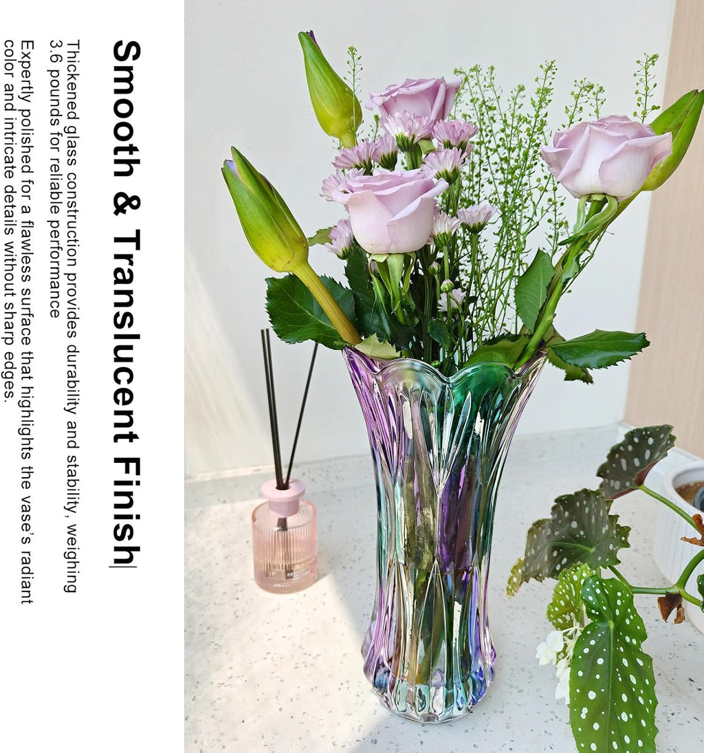11.2 Inch Glass Vase-Iridescent Purple and Teal Thickened Cylinder Colorful Flower Vase Decor for Home Dining Table Centerpiece Office Wedding Holiday Party