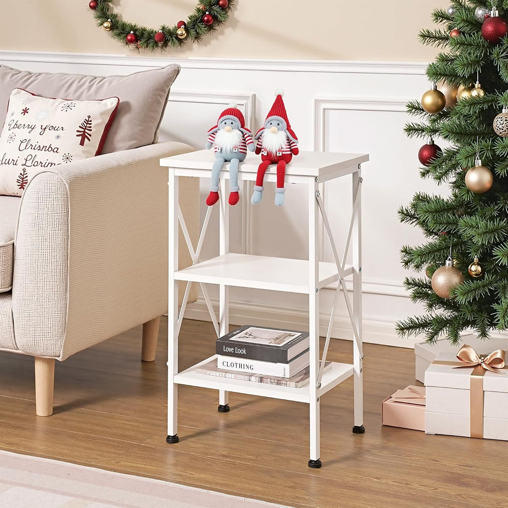 VECELO End Table, 24" Tall Living Room Side Tables, X-Design Reinforced Bedside Table, Nightstands with 3-Tier Storage Shelves for Small Spaces, Office, Bathroom, Bedroom, Pearl White, 1 Pack