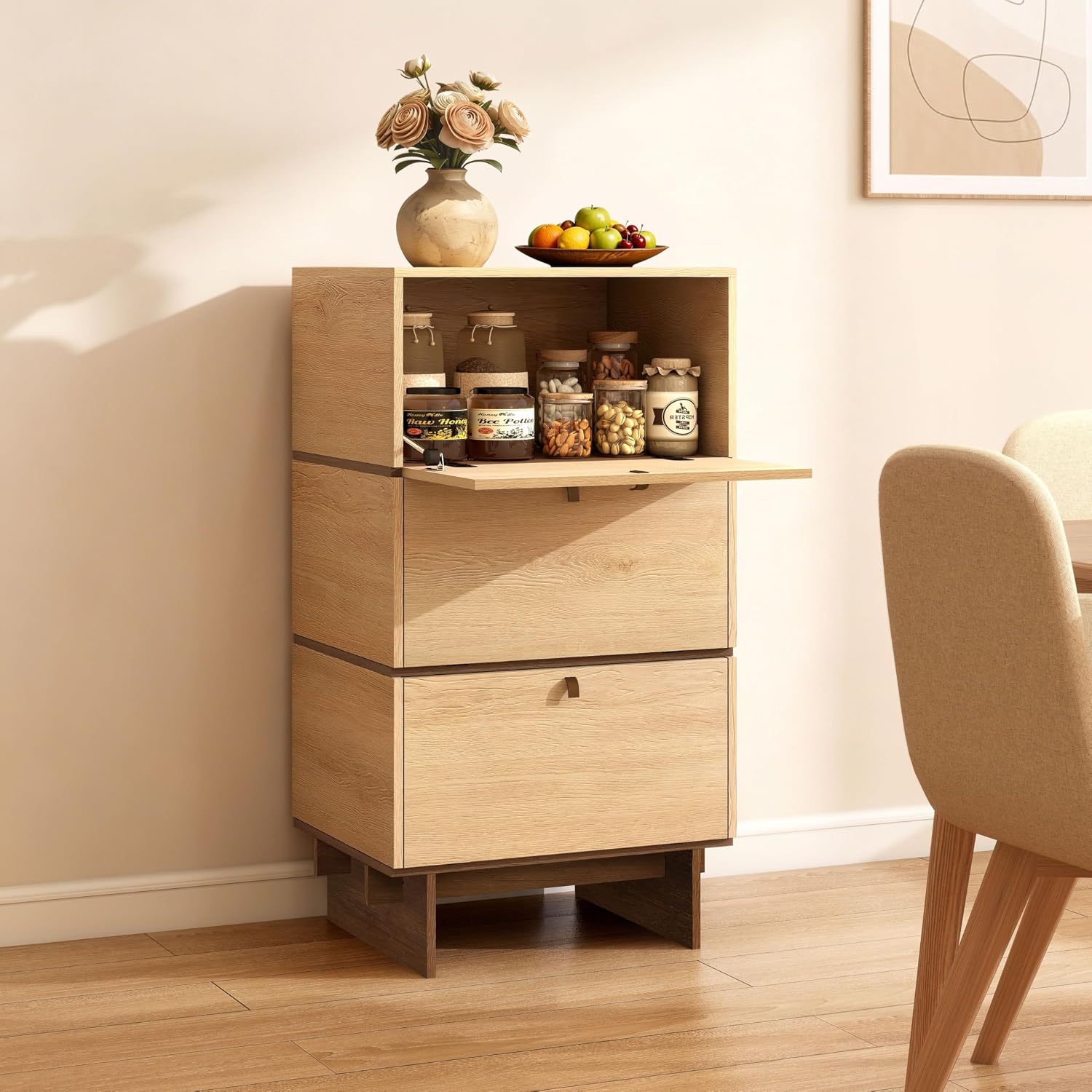 Storage Cabinet, Sideboard Buffet Cabinet with 3 Doors, Side Table with Storage for Kitchen, Living Room, W18.9xD15xH34.8, Natural Oak Color