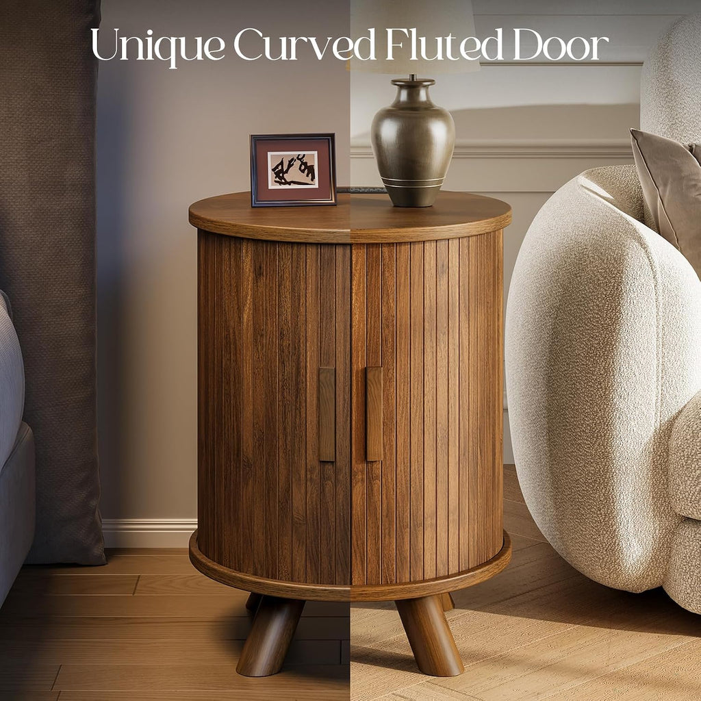 Round End Table with Storage - Fluted Side Table with Charging Station, Wood Nightstand with Sliding Tambour Door for Bedroom, Accent End Tables Living Room, Modern Bedside Table, Walnut