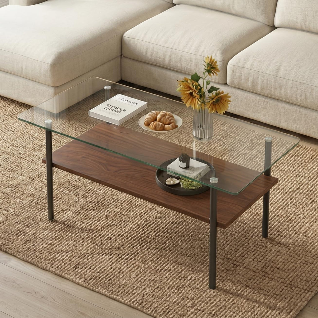 Glass Coffee Table Modern Center Table, Coffee Table for Living Room, Tempered Glass-top with Sturdy Metal Frame, Easy Assembly, Clear