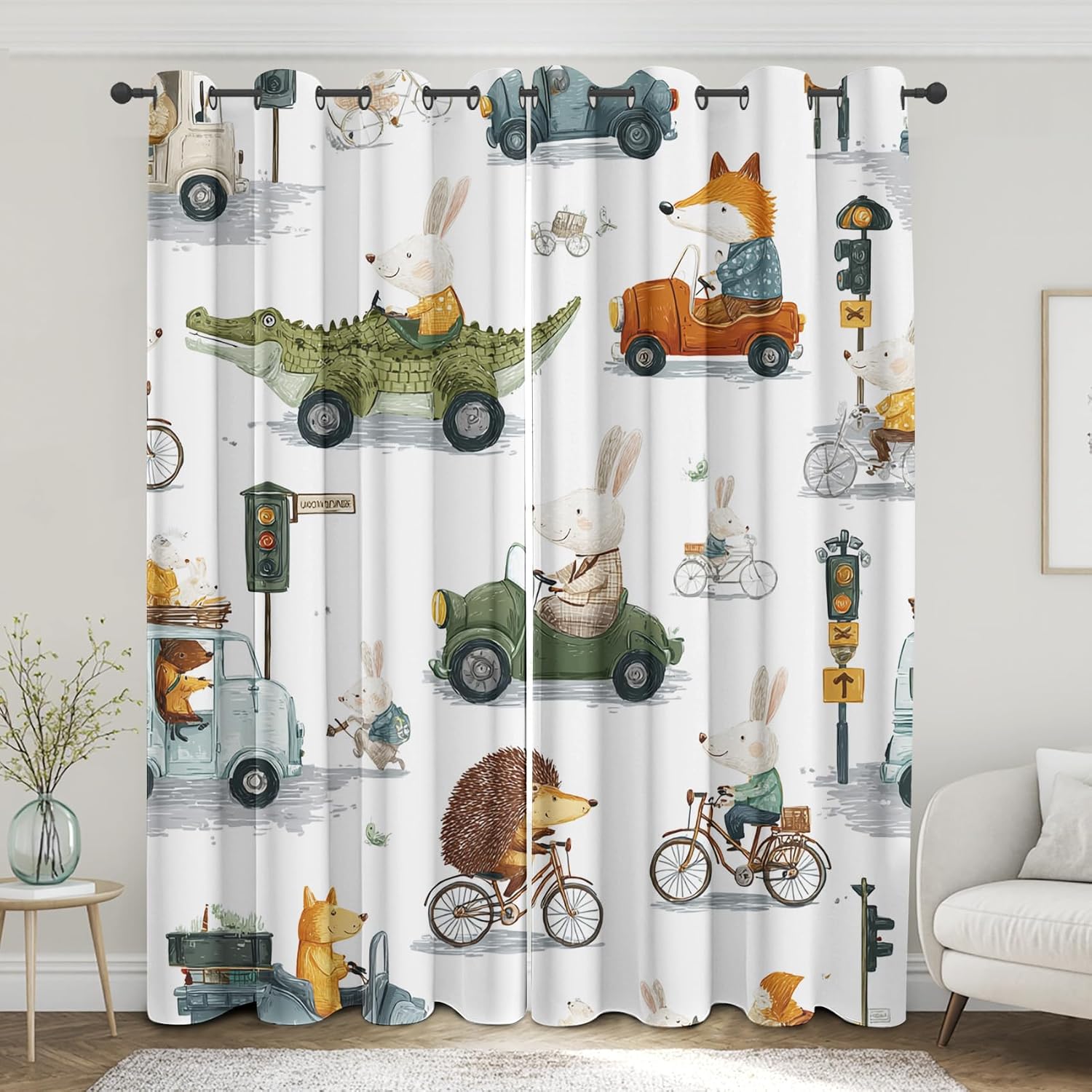 Cartoon Animals Kids Curtains for Boys Bedroom, City Street Car Vehicles Blackout Curtains 39 Inches Long, Thermal Insulated Short Window Drapes for Nursery & Room Decor 27.5Wx39L