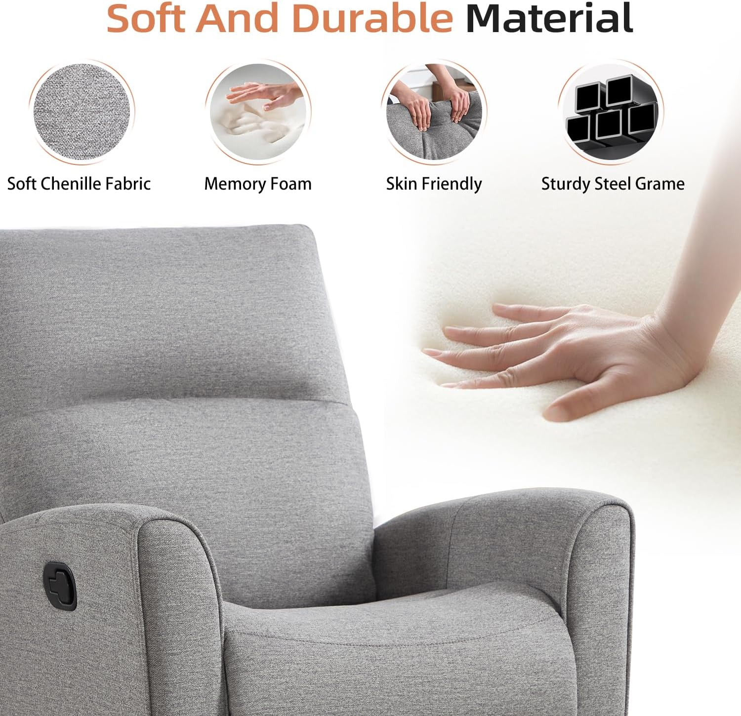 CANMOV Recliner Rocker Swivel Chair, Manual Chenille Glider Rocking Chair, Swivel Glider Recliners with Soft Backrest, 360° Swivel Nursery Reclining Sofa for Living Room Bedroom, Light Grey
