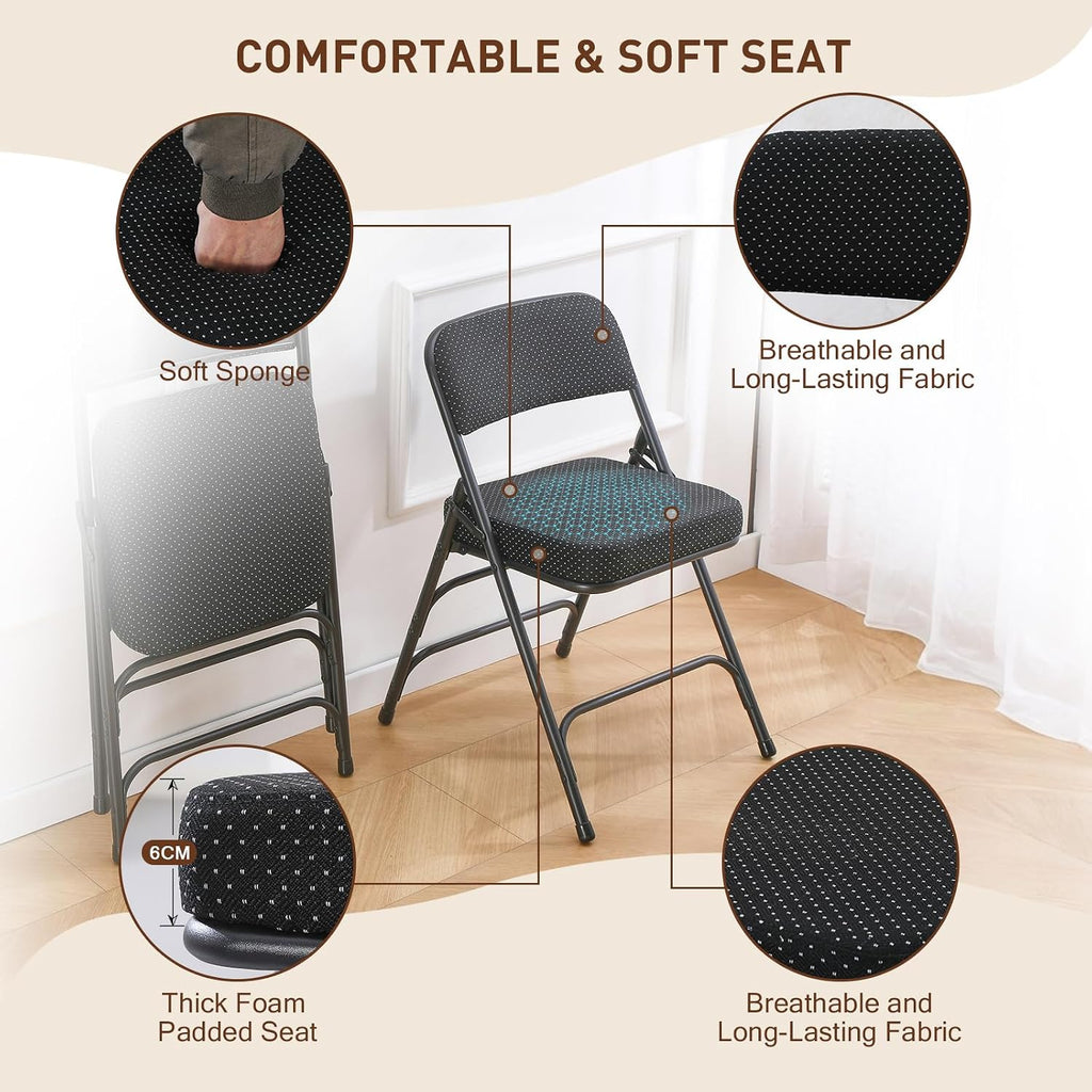 BOOSDEN 2 Pack Padded Folding Chairs with Thick Seat Cushion, Fabric Folding Chair, Portable Upholstered Dining Chairs, Metal Frame Foldable Chair for Indoor & Outdoor Kitchen Office Party, Black