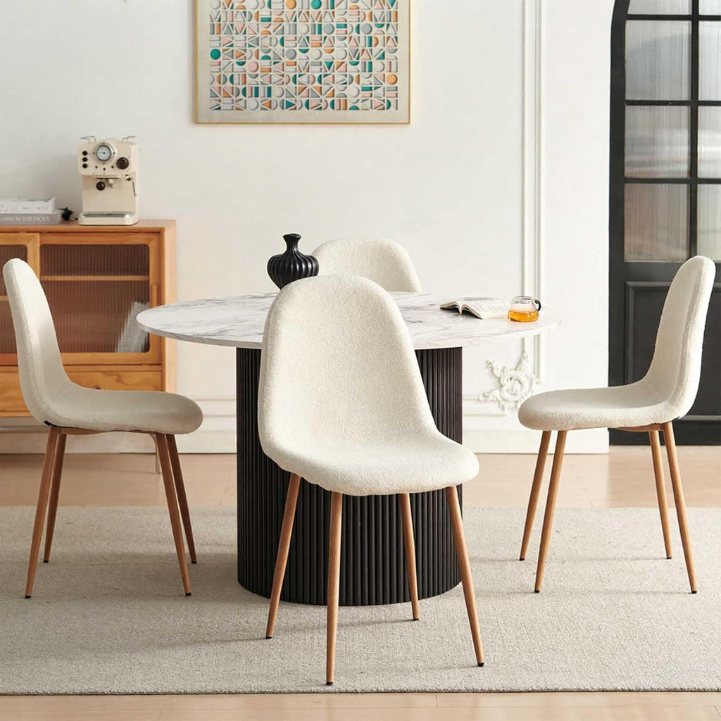 Dining Table Set for 4, Mid Century Modern 47 Inch White Marble-Look Wooden Round Dining Table Set, Space Saving (Table + 4 White Chairs)
