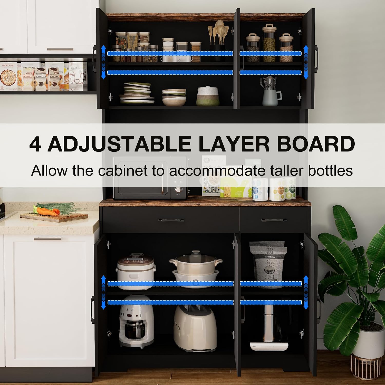 71" Pantry Cabinet with Charging Station, Farmhouse Kitchen Storage Cabinet with Drawers, Large Kitchen Hutch with 6-Zone Organization for Dining, Kitchen, Living Room (Black)