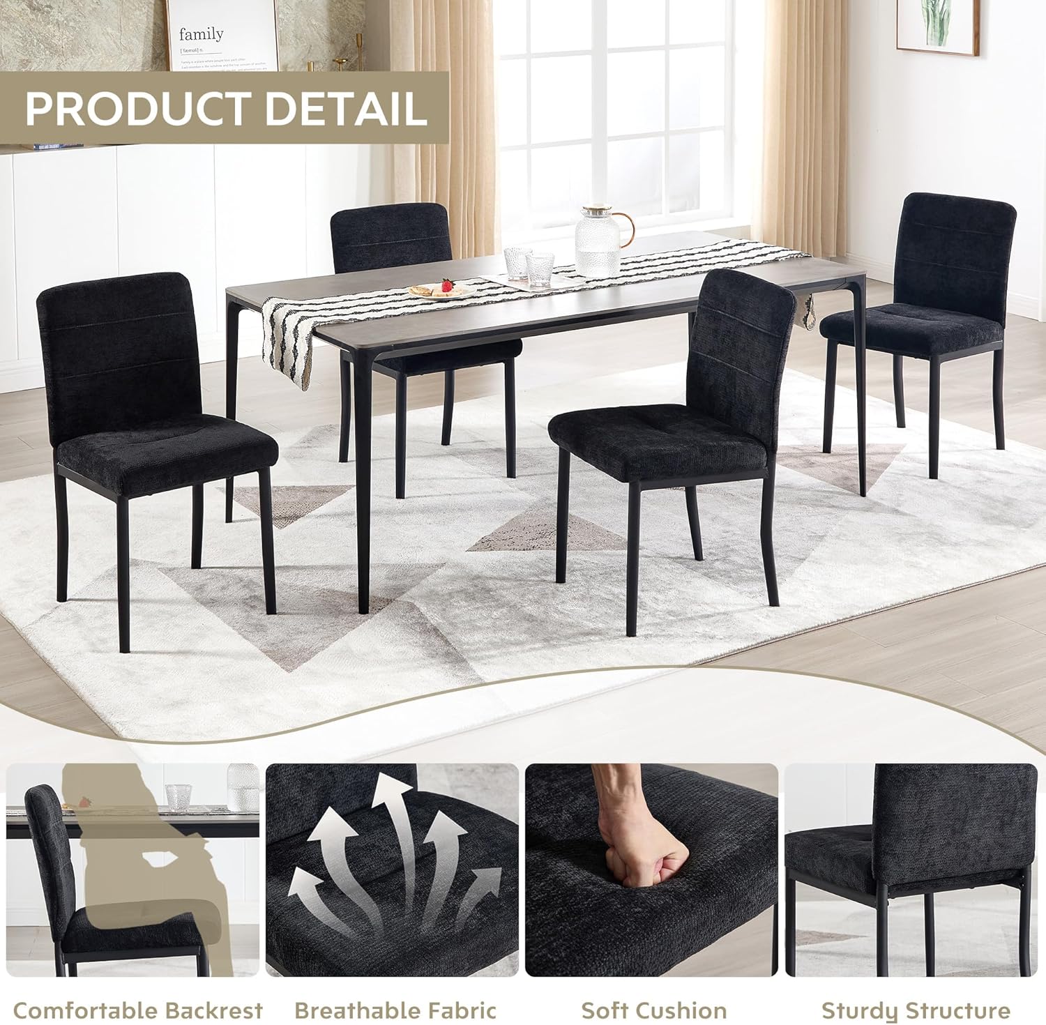 Dining Chairs Set of 4, Modern Upholstered Fabric Parsons Dining Room Chairs, Armless Kitchen Chairs with Metal Legs and Padded Seat for Living Room, Bedroom, Kitchen