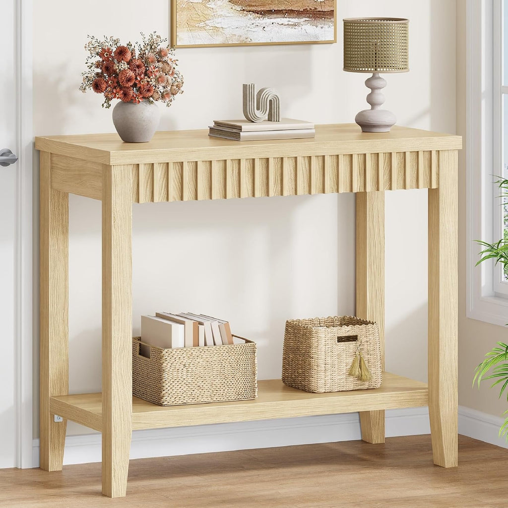FAVOOSTY 32" Entryway Console Table with Shelves, Sofa Hallway Table with Open Storage for Living Room, Load-Bearing 120lbs, Oak
