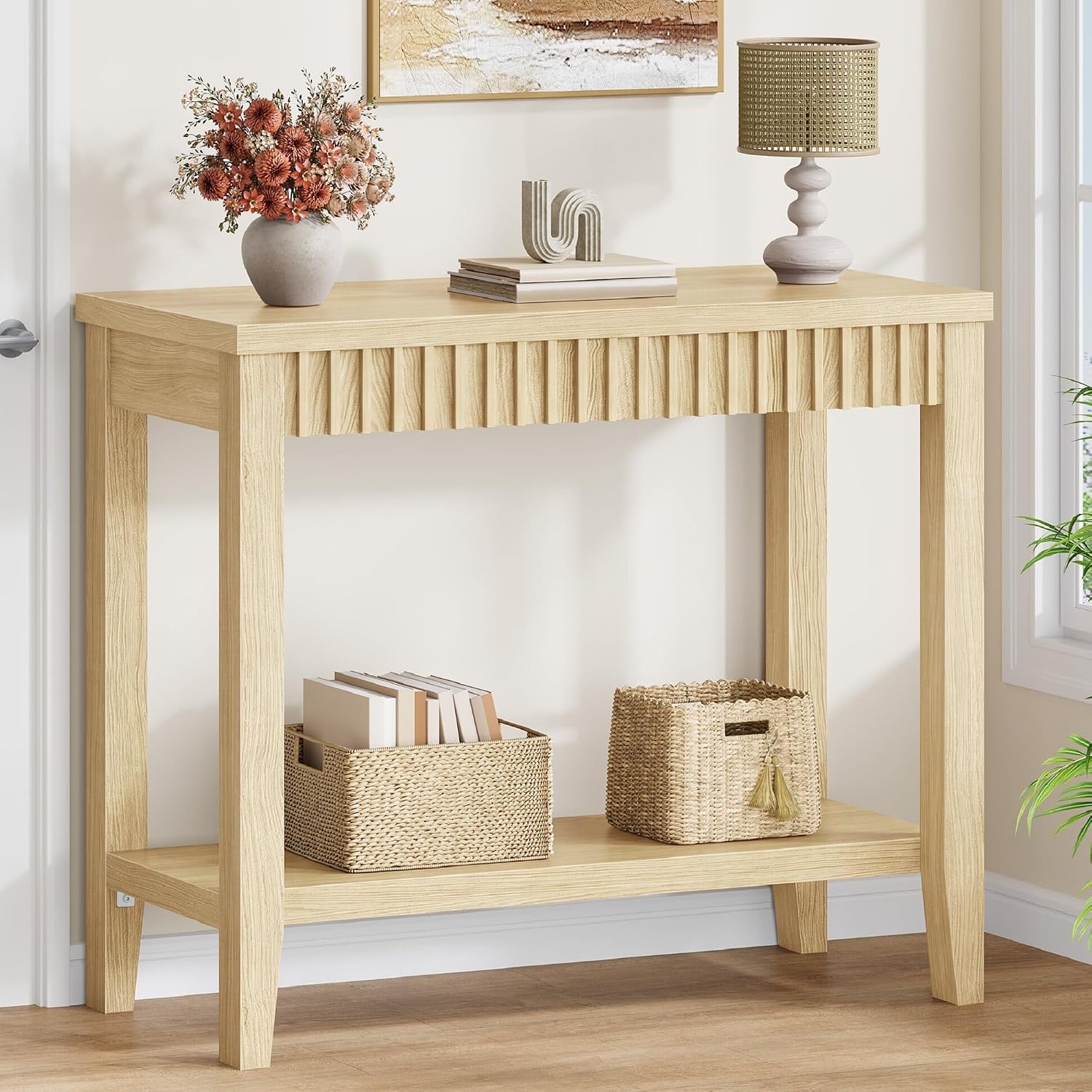 FAVOOSTY 32" Entryway Console Table with Shelves, Sofa Hallway Table with Open Storage for Living Room, Load-Bearing 120lbs, Oak