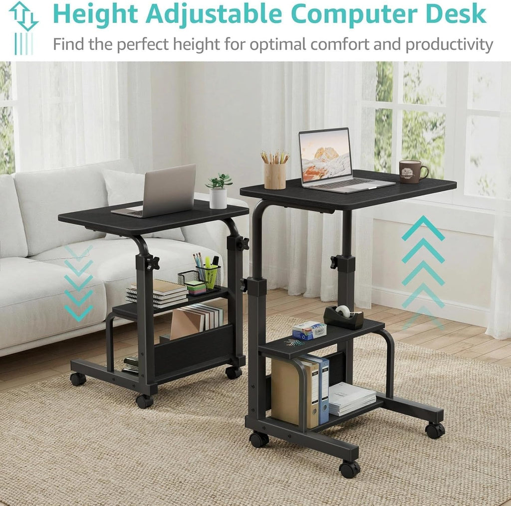 WINAZ Small Rolling Desk for Small Spaces - 24" Portable Kids Desk with Wheels, Height Adjustable C Shaped Side Table Mobile Laptop Desks with 2-Tier Storage Shelves for Bed Sofa, Black