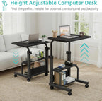 WINAZ Small Rolling Desk for Small Spaces - 24" Portable Kids Desk with Wheels, Height Adjustable C Shaped Side Table Mobile Laptop Desks with 2-Tier Storage Shelves for Bed Sofa, Black