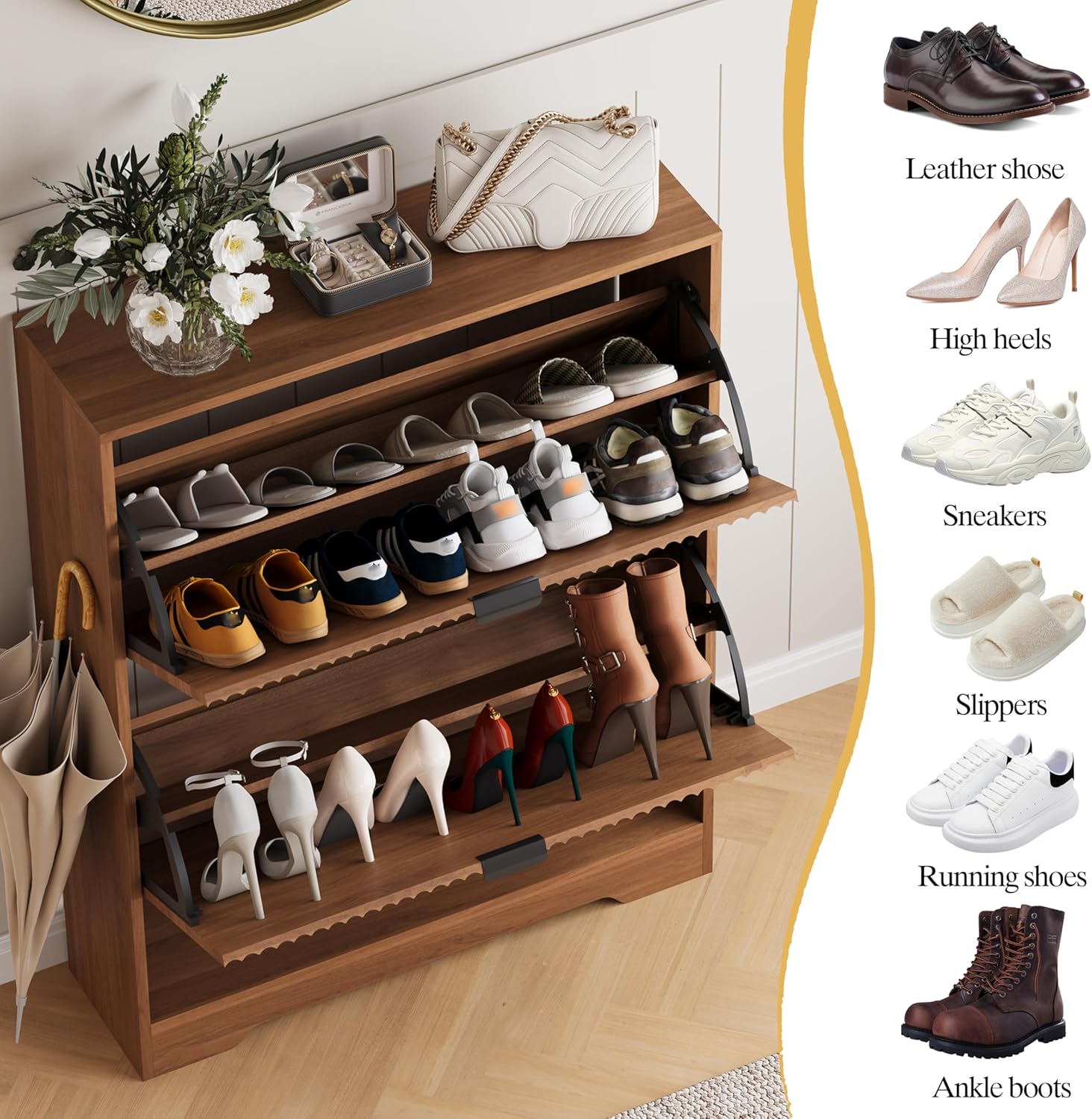 HUANLEGO Shoe Cabinet Storage for Entryway with 2 Flip Drawers, Walnut Fluted Shoe Cabinet with Open Storage, Wooden Hidden Shoe Rack Freestanding Narrow Slim Shoes Organizer for Hallway, Entrance