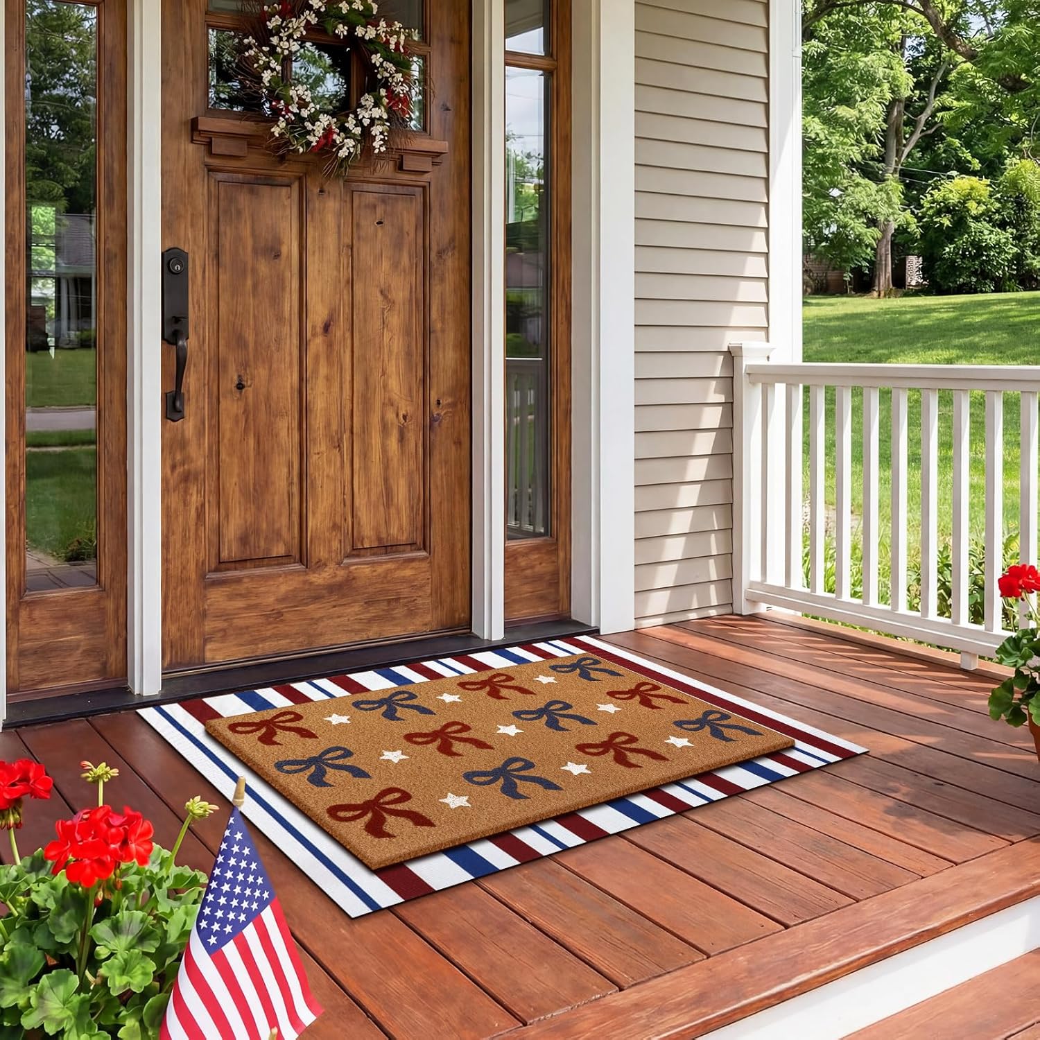 Tinideya 2 Pcs Independence Day Door Mat Patriotic Welcome Non Slip Coir Mats 4th of July Bow Star Floor Layering Doormats Seasonal for Front Porch Entryway Decor(Bow)